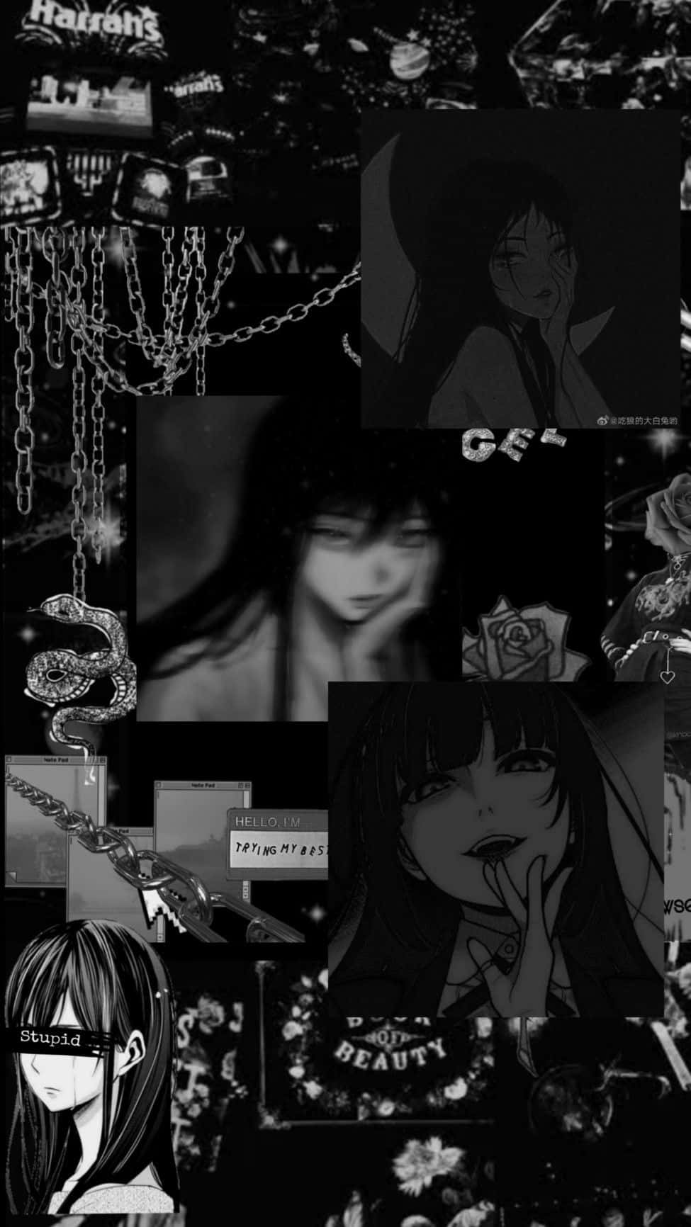 Dark Anime Collage Aesthetici Phone Wallpaper, black and white collage, anime girls, HD Phone Wallpaper