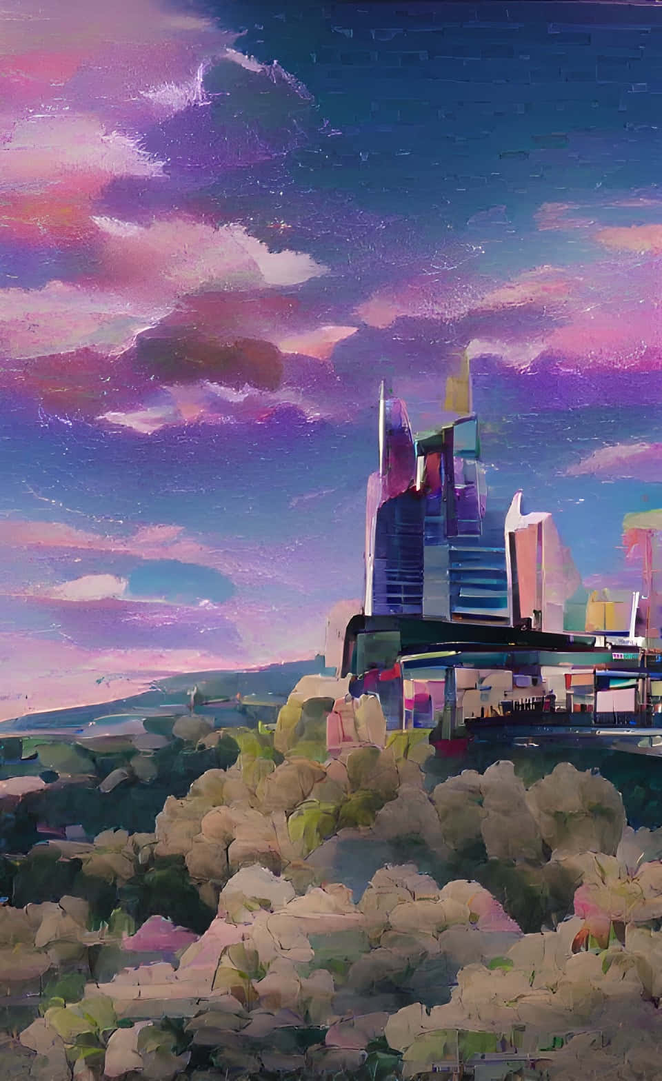 Anime Cityscape Sunset Aesthetic, futuristic cityscape, towering skyscrapers, HD Phone Wallpaper