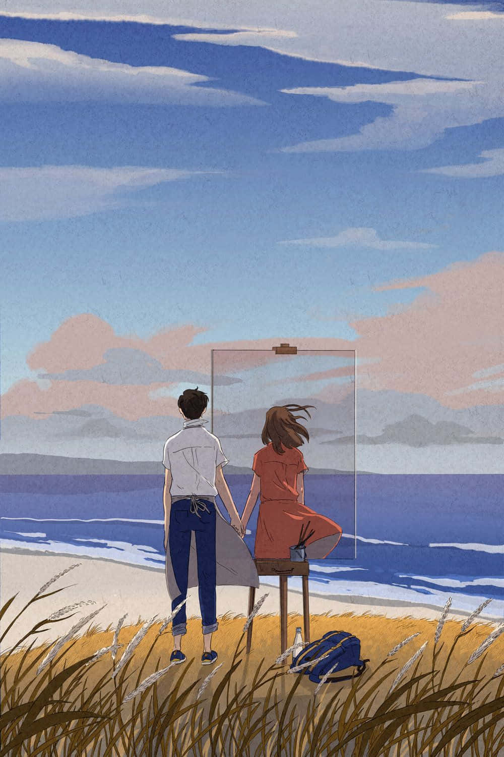 seaside, beach, woman paints the ocean on an easel, HD Phone Wallpaper