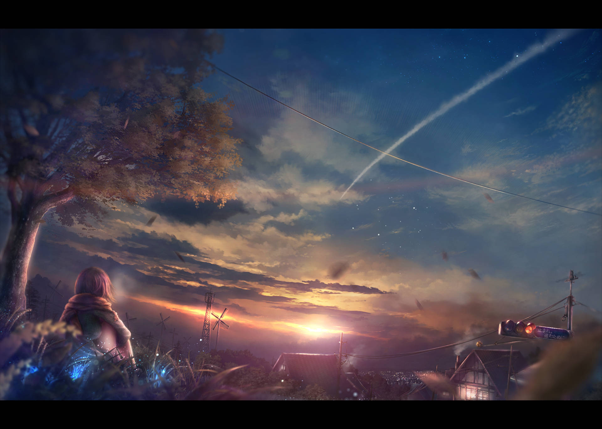 Girl Under Tree, Anime Aesthetic Sunset, vibrant sunset, Full HD Desktop Wallpaper