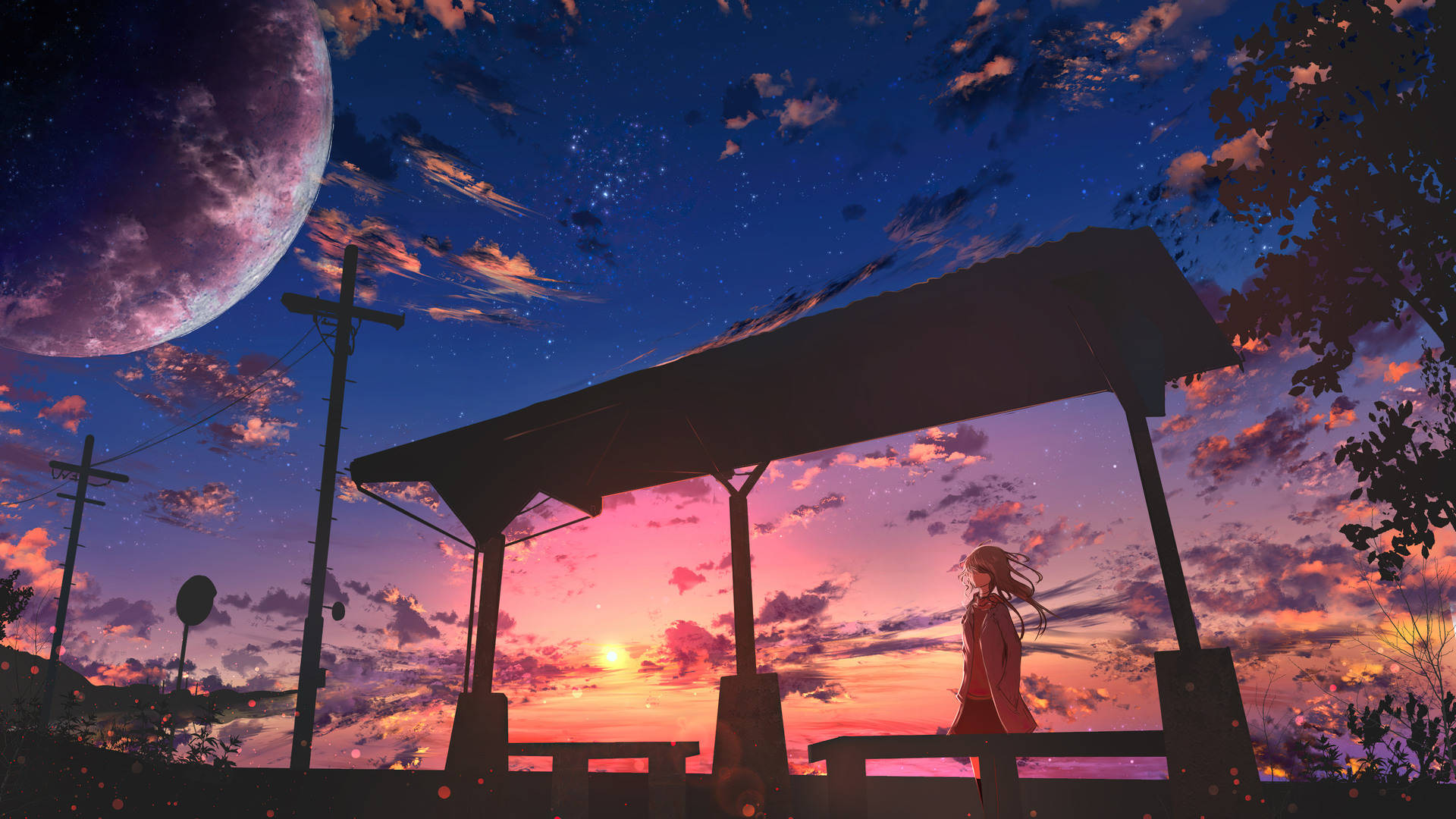 anime girl, pavilion, giant moon, Full HD Desktop Wallpaper
