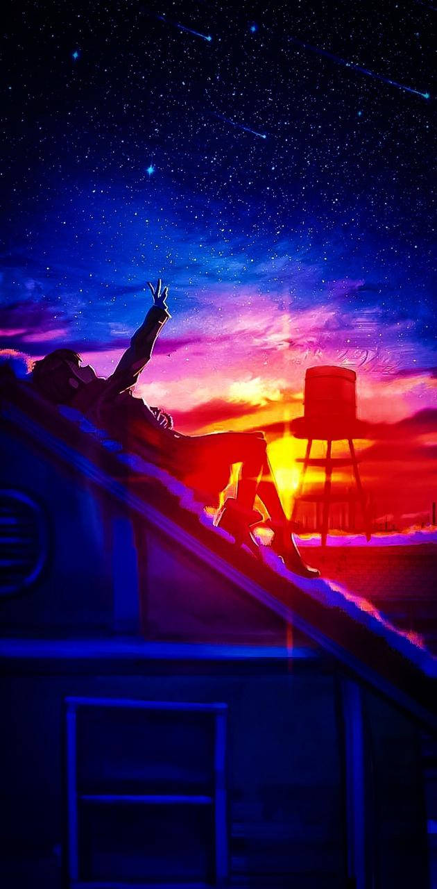 rooftop, sunset, starry sky, HD Phone Wallpaper