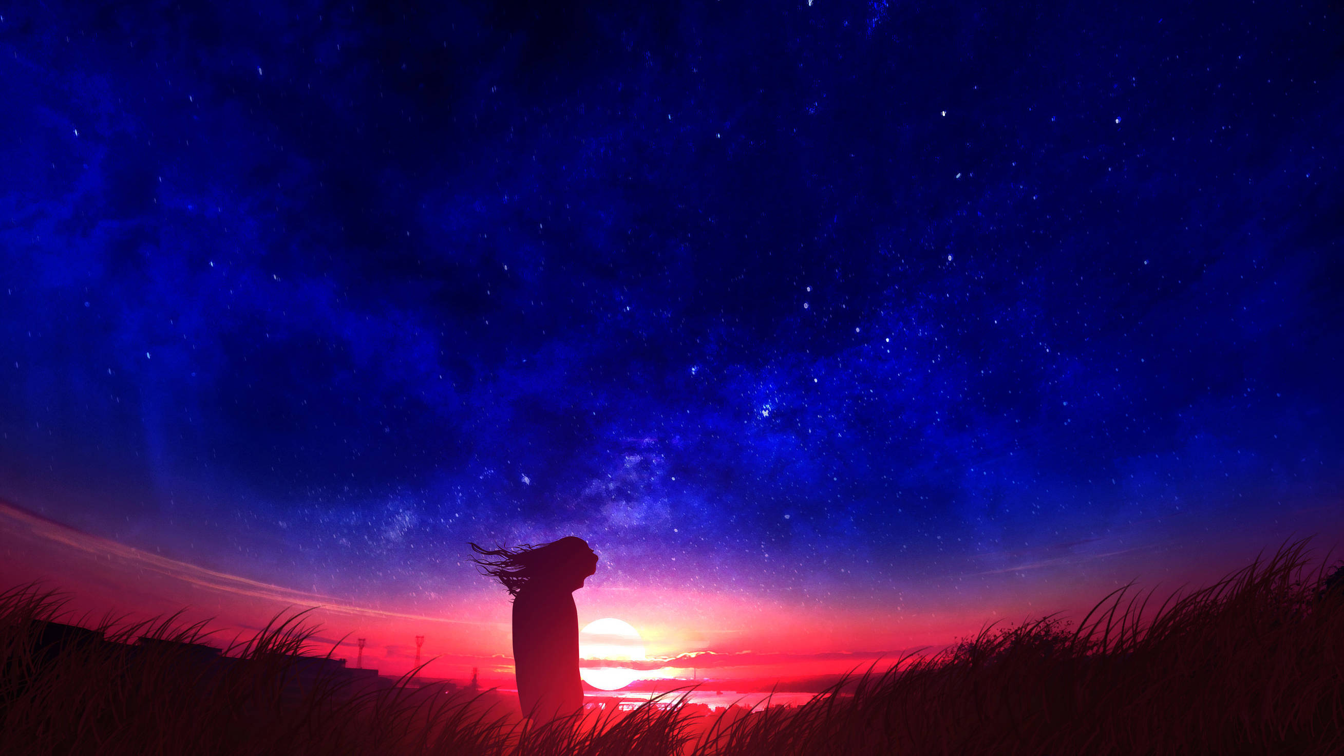 Girl, field, anime aesthetic sunset, 2K Desktop Wallpaper