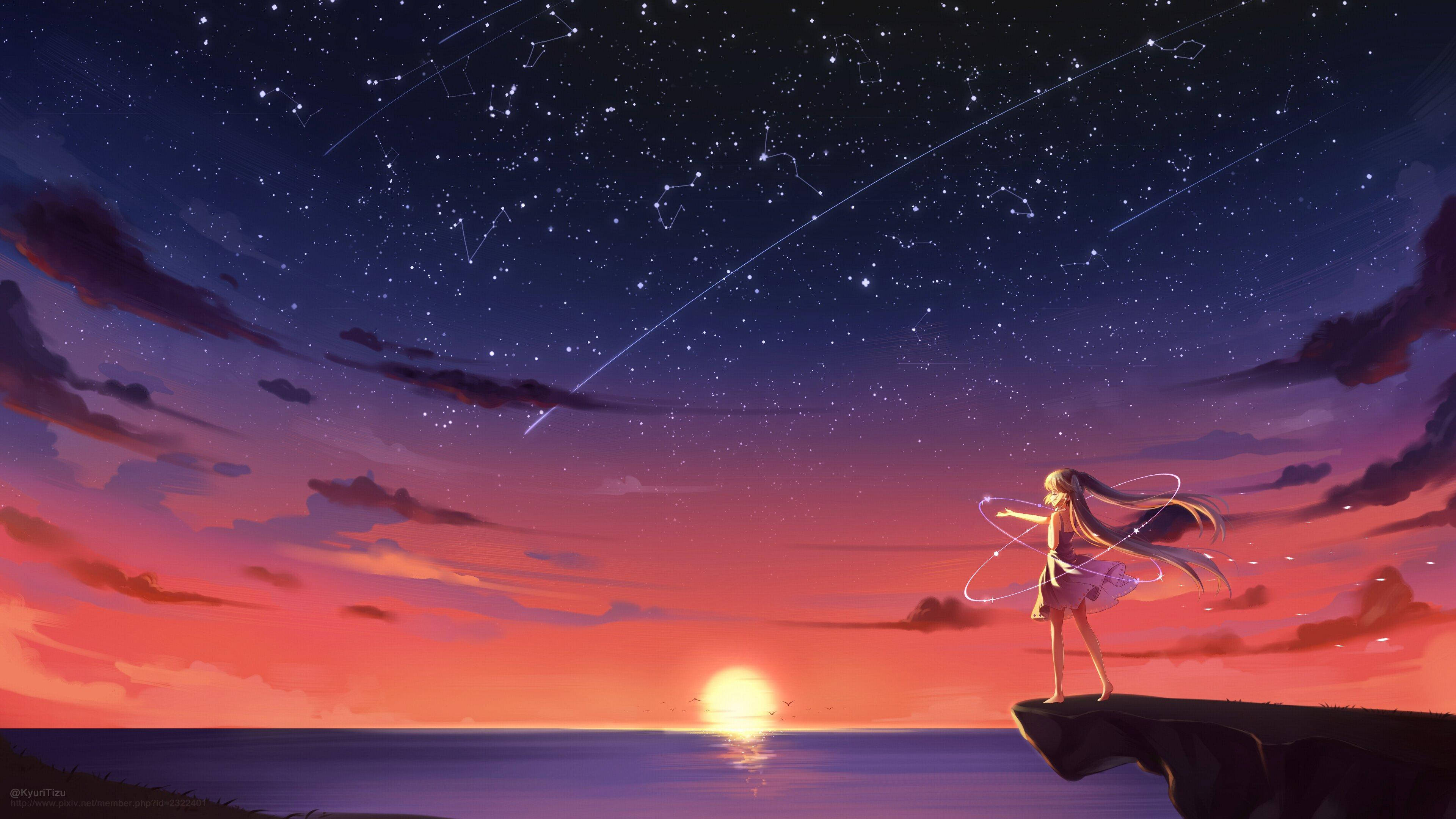 anime girl, cliff edge, sunset, 4K Desktop Wallpaper