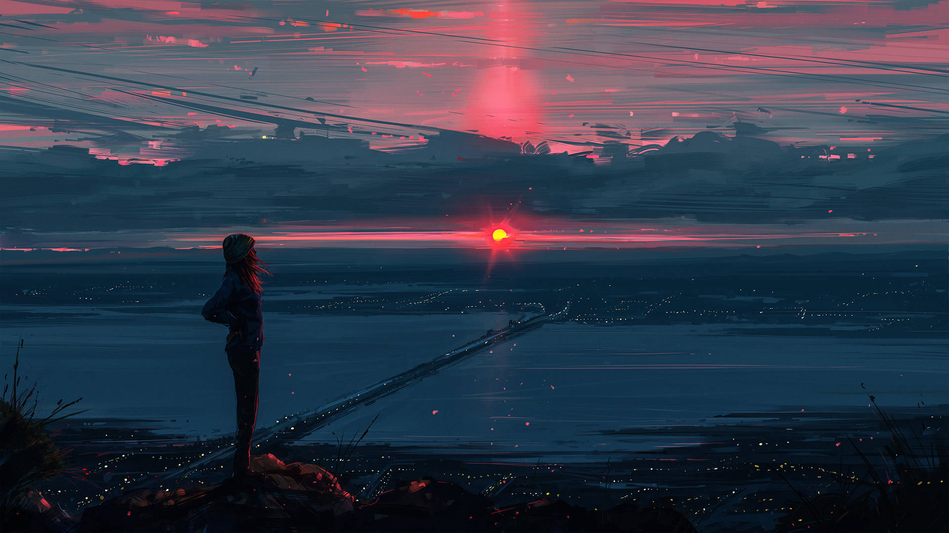 Girl, cliff, glowing pink sunset, Full HD Desktop Wallpaper