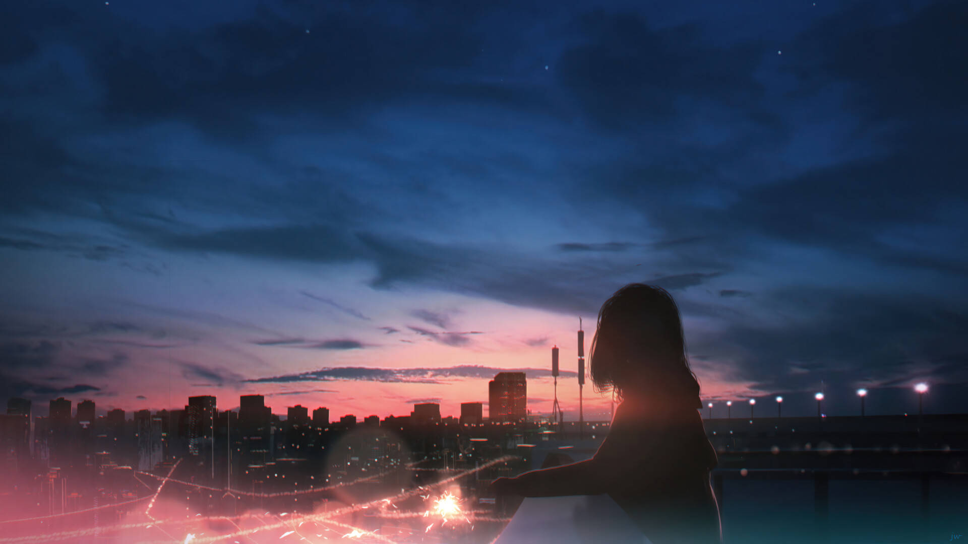 Girl, Fireworks, Twilight cityscape, Full HD Desktop Wallpaper