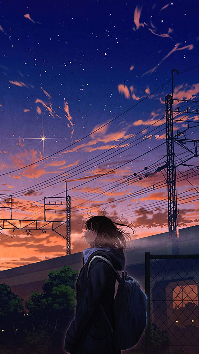 anime girl, backpack, starry twilight sky, SD Phone Wallpaper