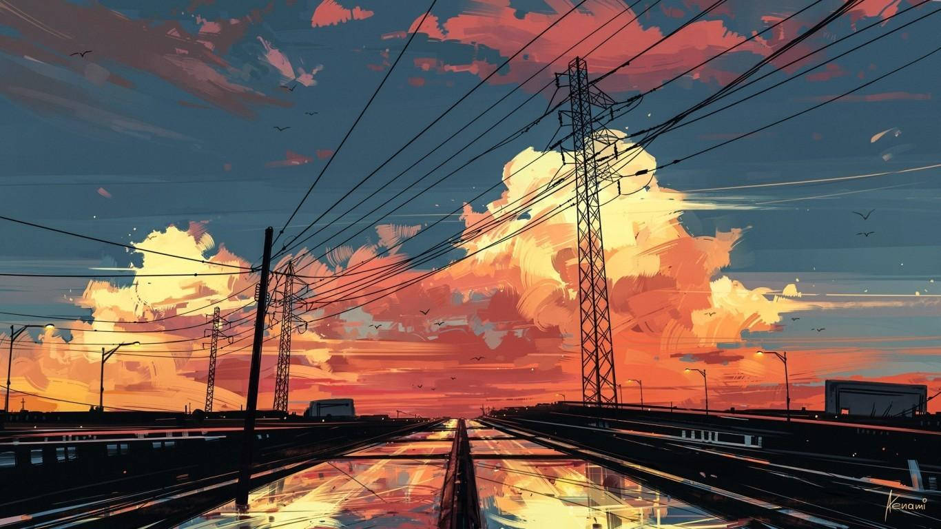 Power Line Tower, Anime Aesthetic Sunset, fiery oranges, HD Desktop Wallpaper