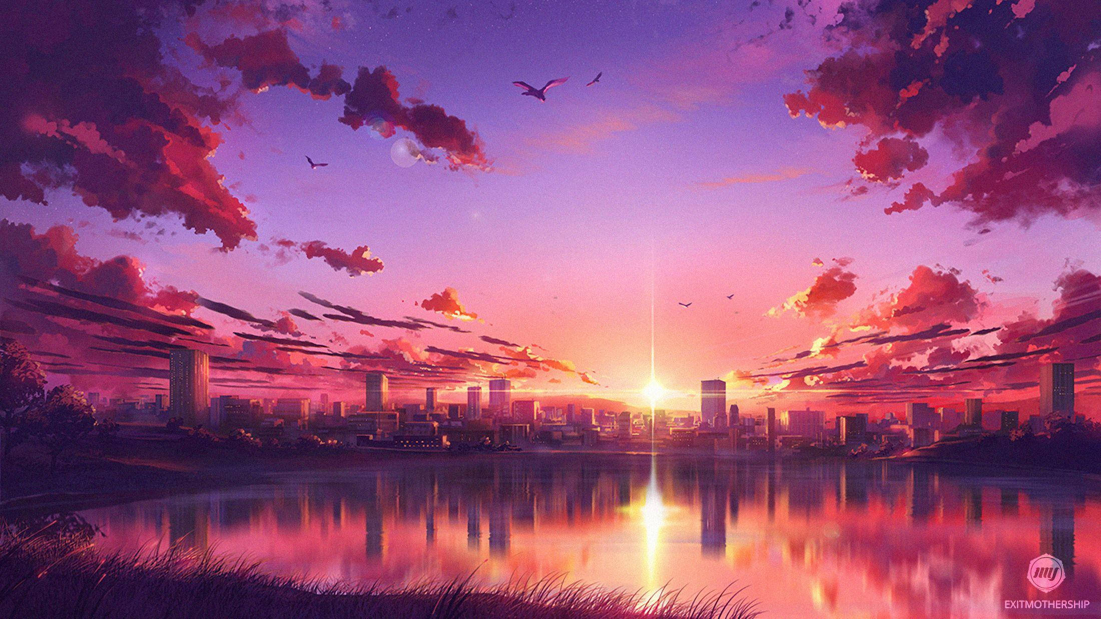 Cityscape Lake, Anime Aesthetic Sunset, fiery pinks, Full HD Desktop Wallpaper