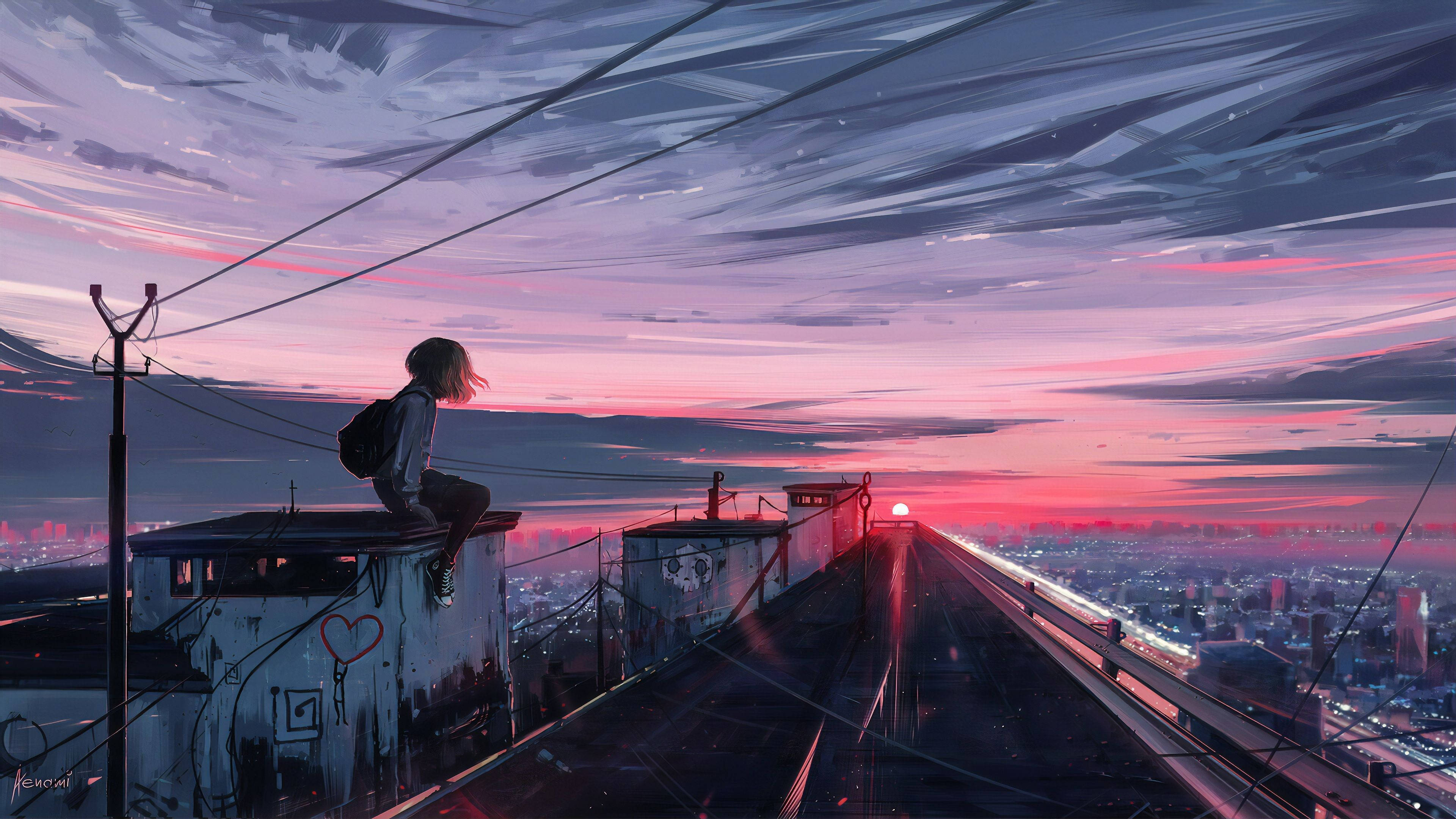 Girl, Rooftop, City, 4K Desktop Wallpaper