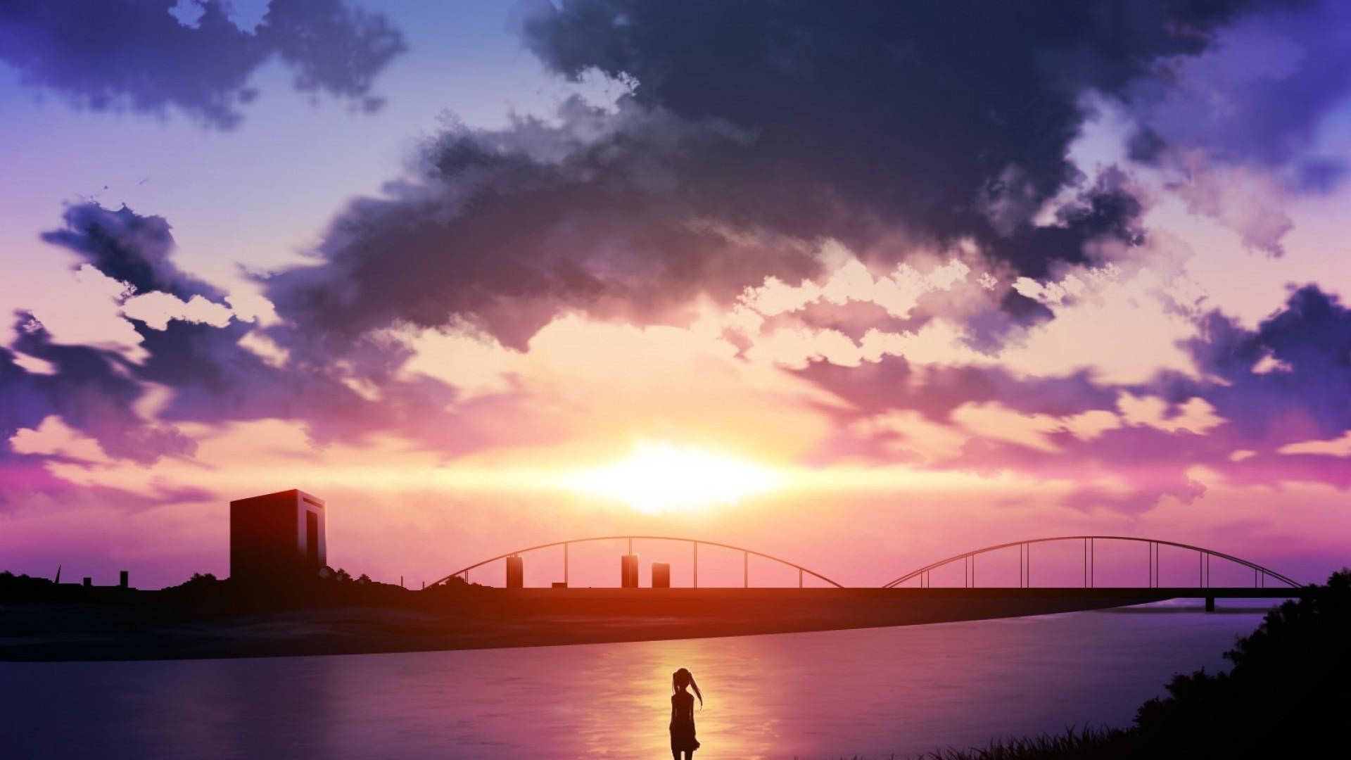 Girl, Bridge, Anime Aesthetic Sunset, Full HD Desktop Wallpaper