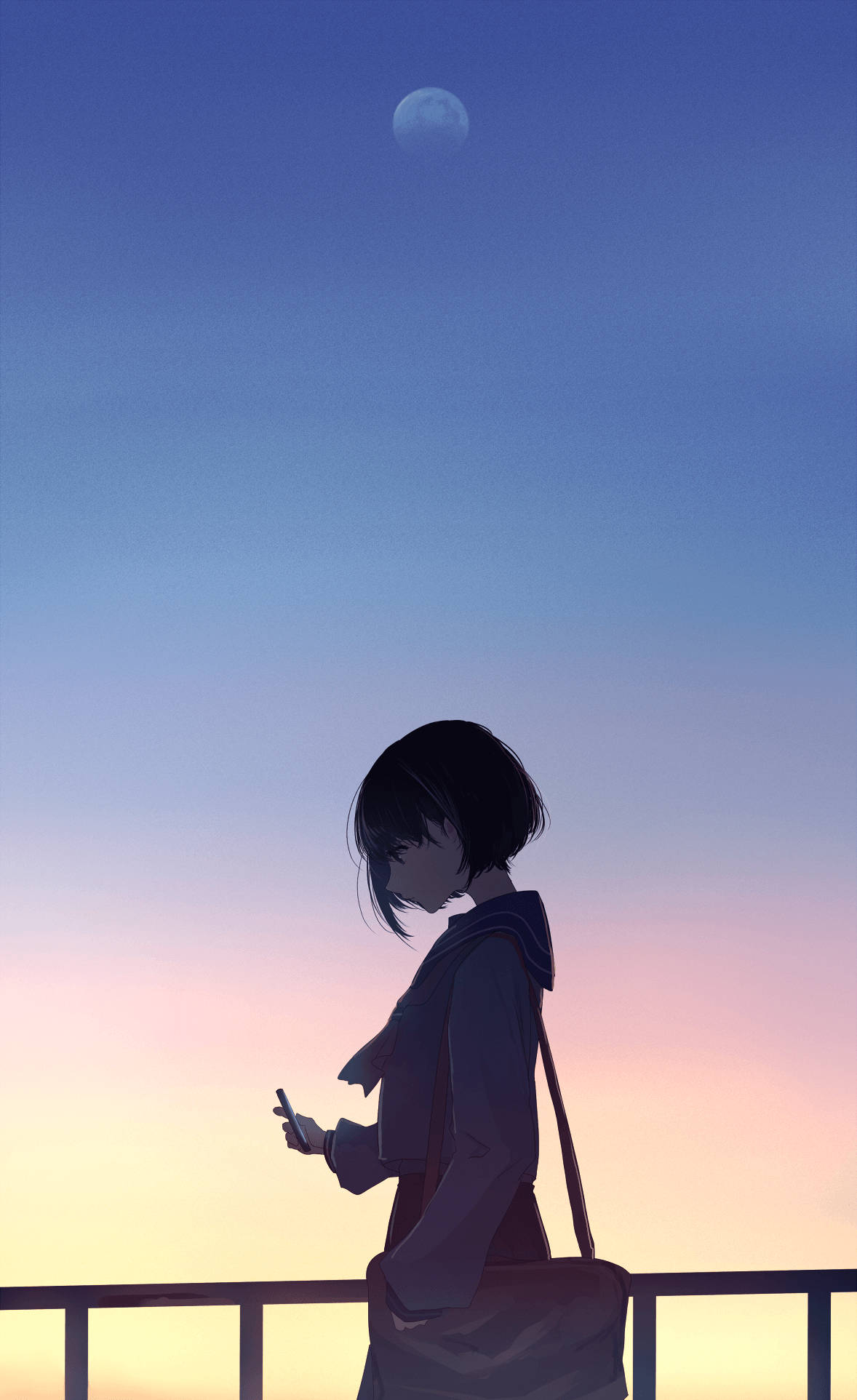 Girl With Moon, anime aesthetic sunset, silhouette, Full HD Phone Wallpaper