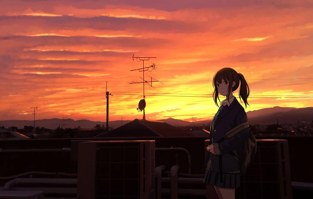 anime girl, school uniform, rooftop, HD Desktop Wallpaper