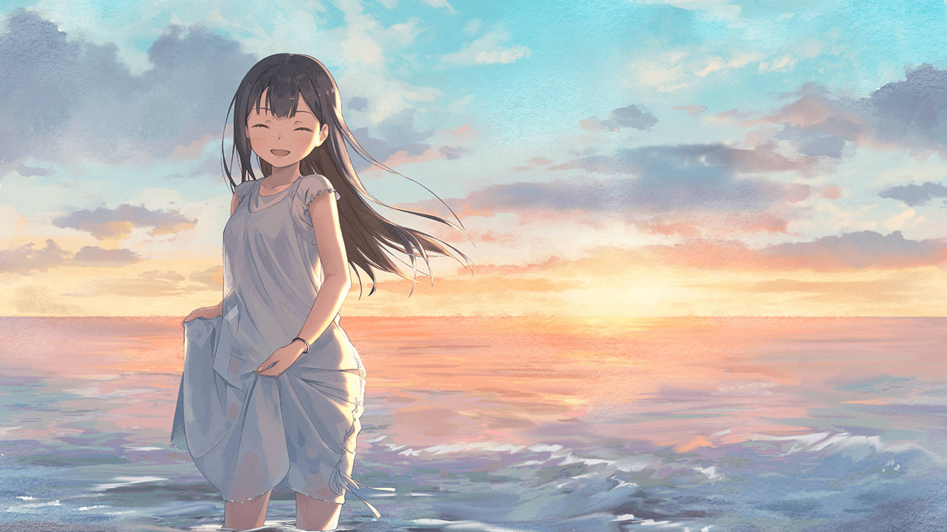 Girl At Sea, anime aesthetic sunset, sunset, Full HD Desktop Wallpaper