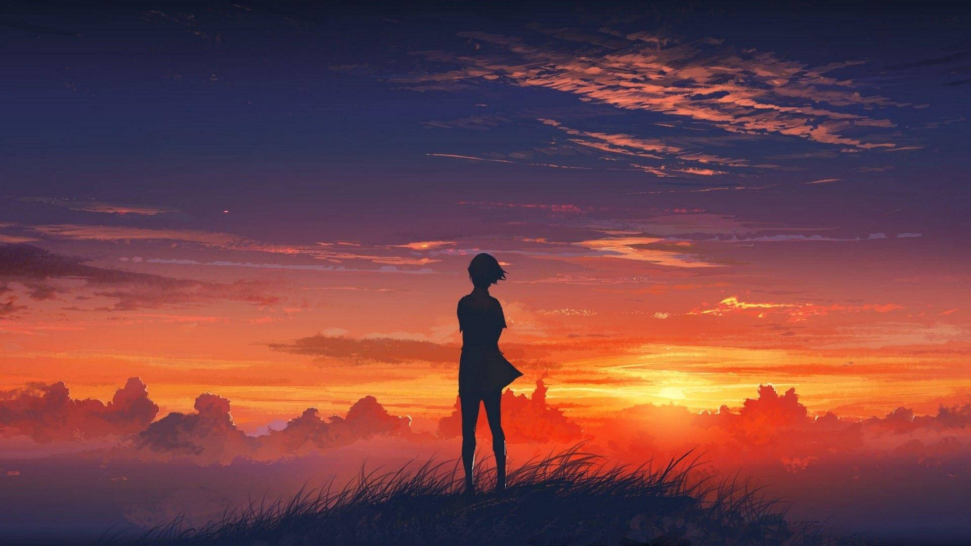 girl silhouette, fiery sunset, vibrant orange and purple clouds, Full HD Desktop Wallpaper