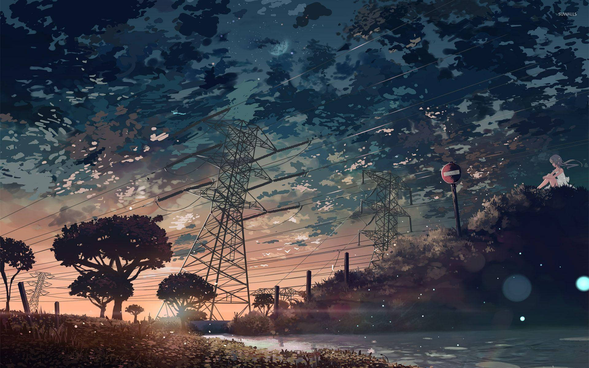 Power Lines, anime girl, hill, Full HD Desktop Wallpaper