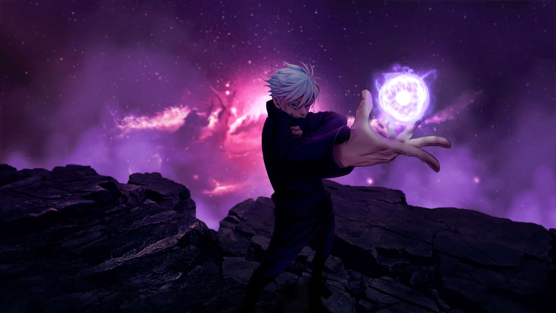silver-haired anime character, glowing purple orb, cosmic purple and pink starry sky, Full HD Desktop Wallpaper