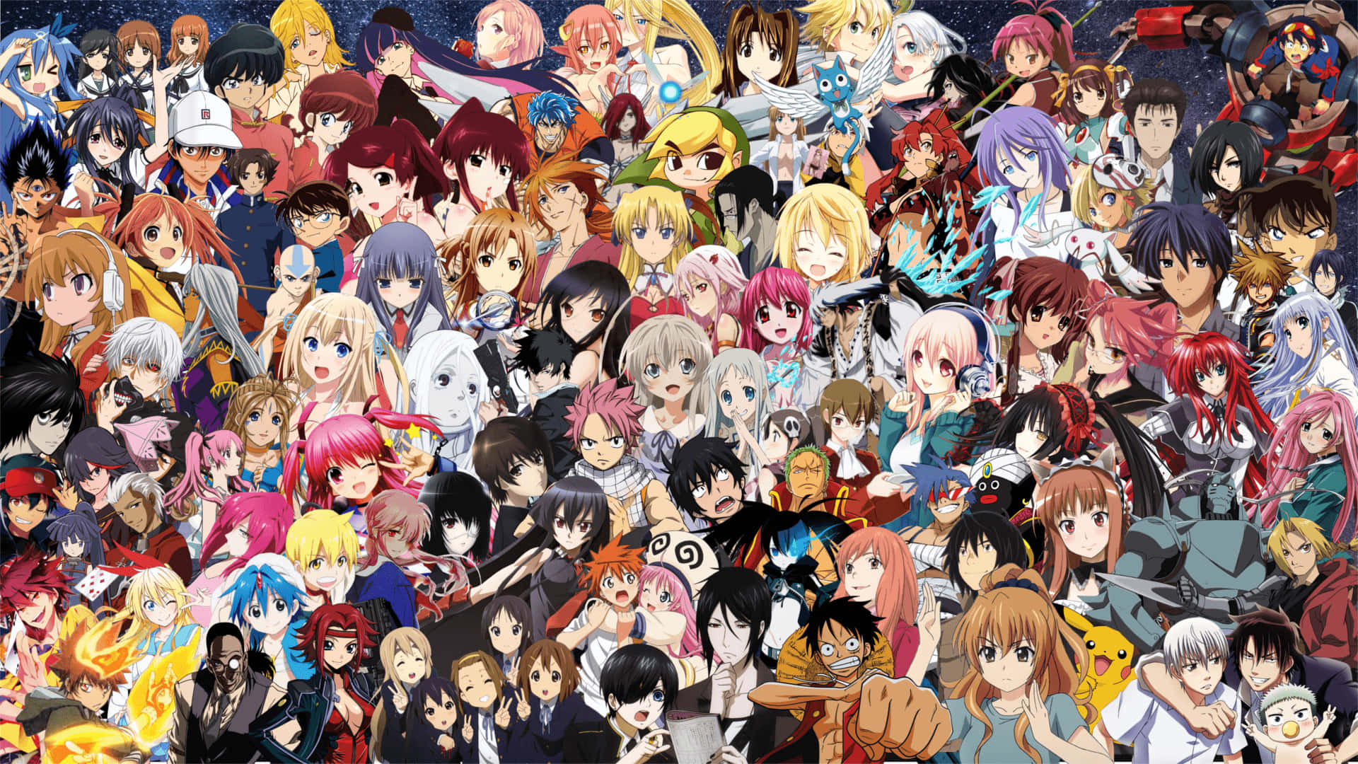Anime All Characters HD, face collage, starry cosmic background, Full HD Desktop Wallpaper