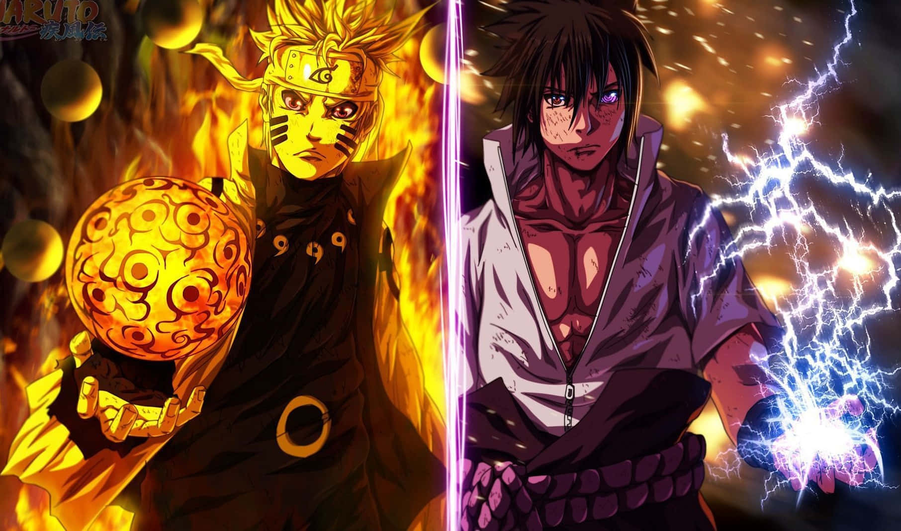 anime warriors, fiery chakra sphere, electric power, HD Desktop Wallpaper