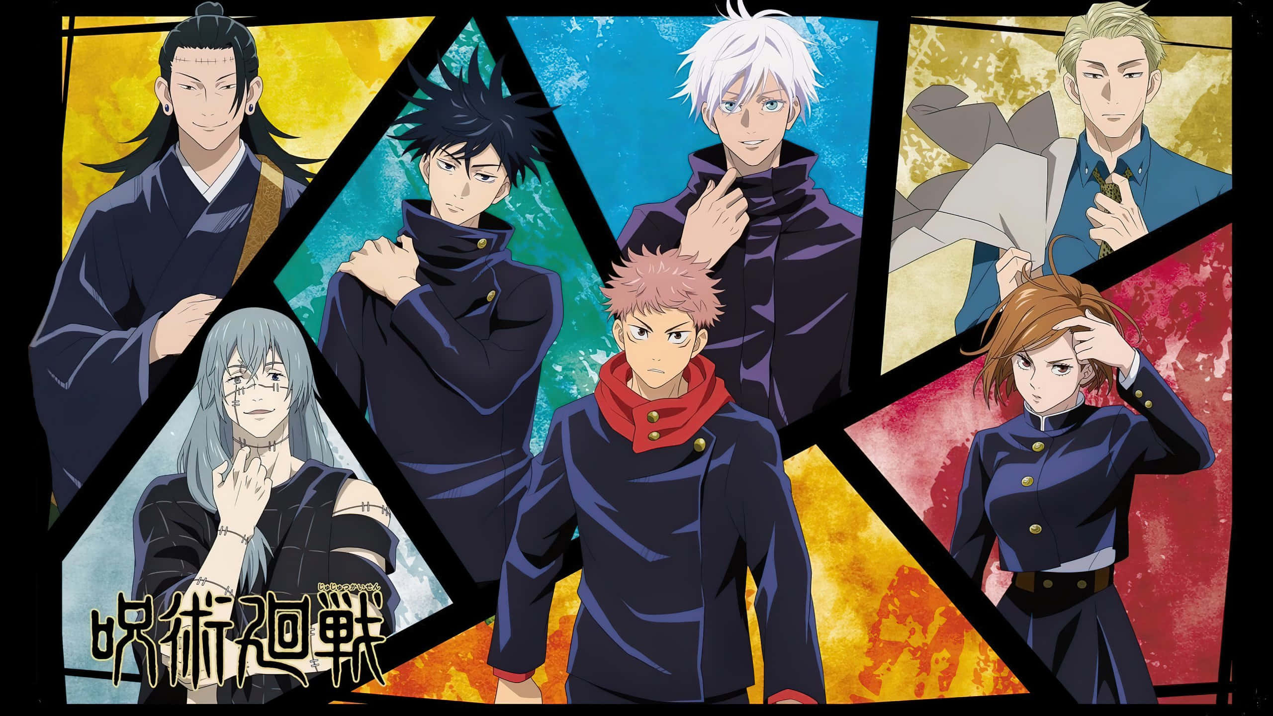 Anime All Characters HD, dark uniforms, geometric panels, 2K Desktop Wallpaper