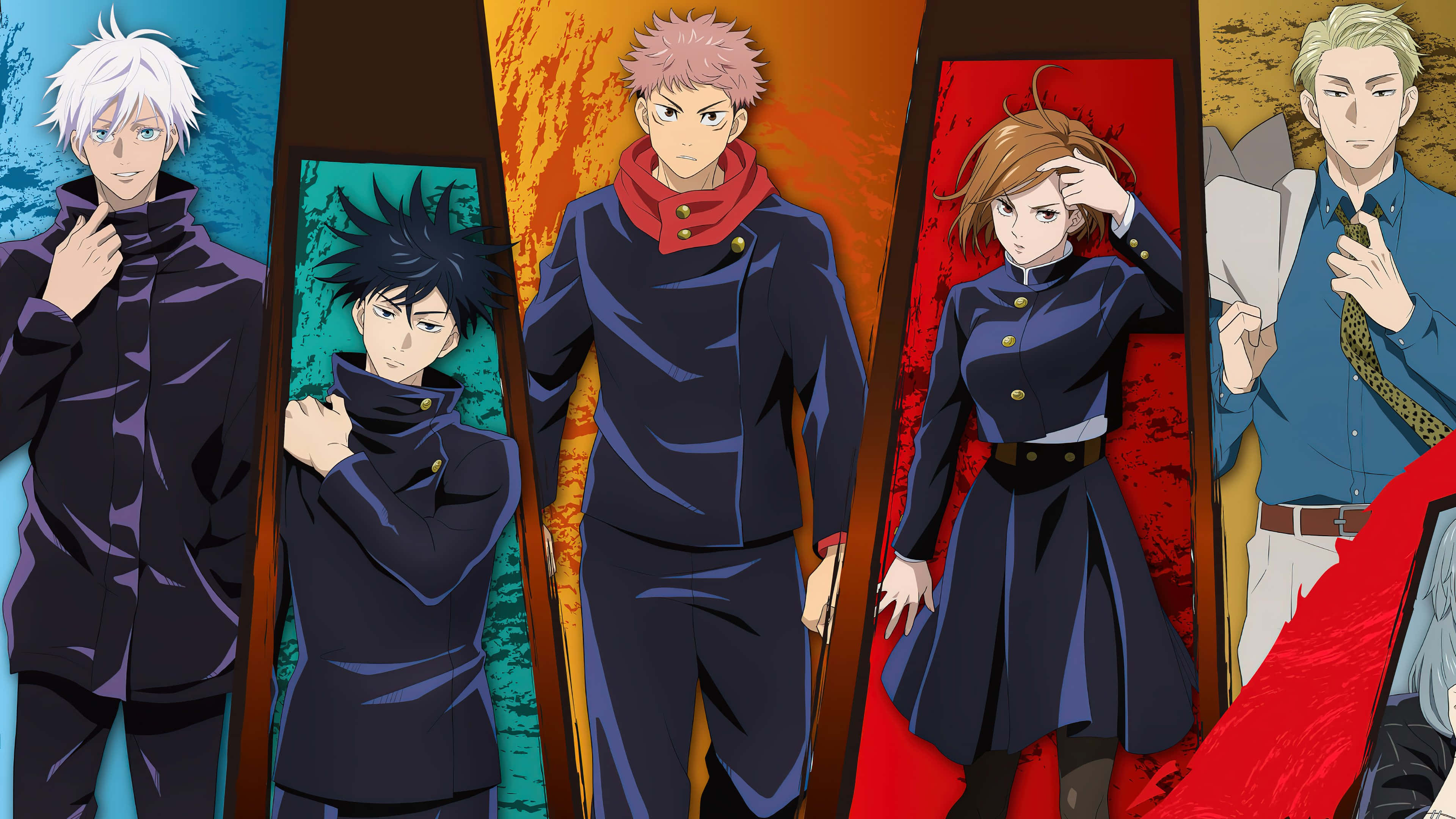 Anime Characters, school uniforms, vibrant colored panels, 4K Desktop Wallpaper