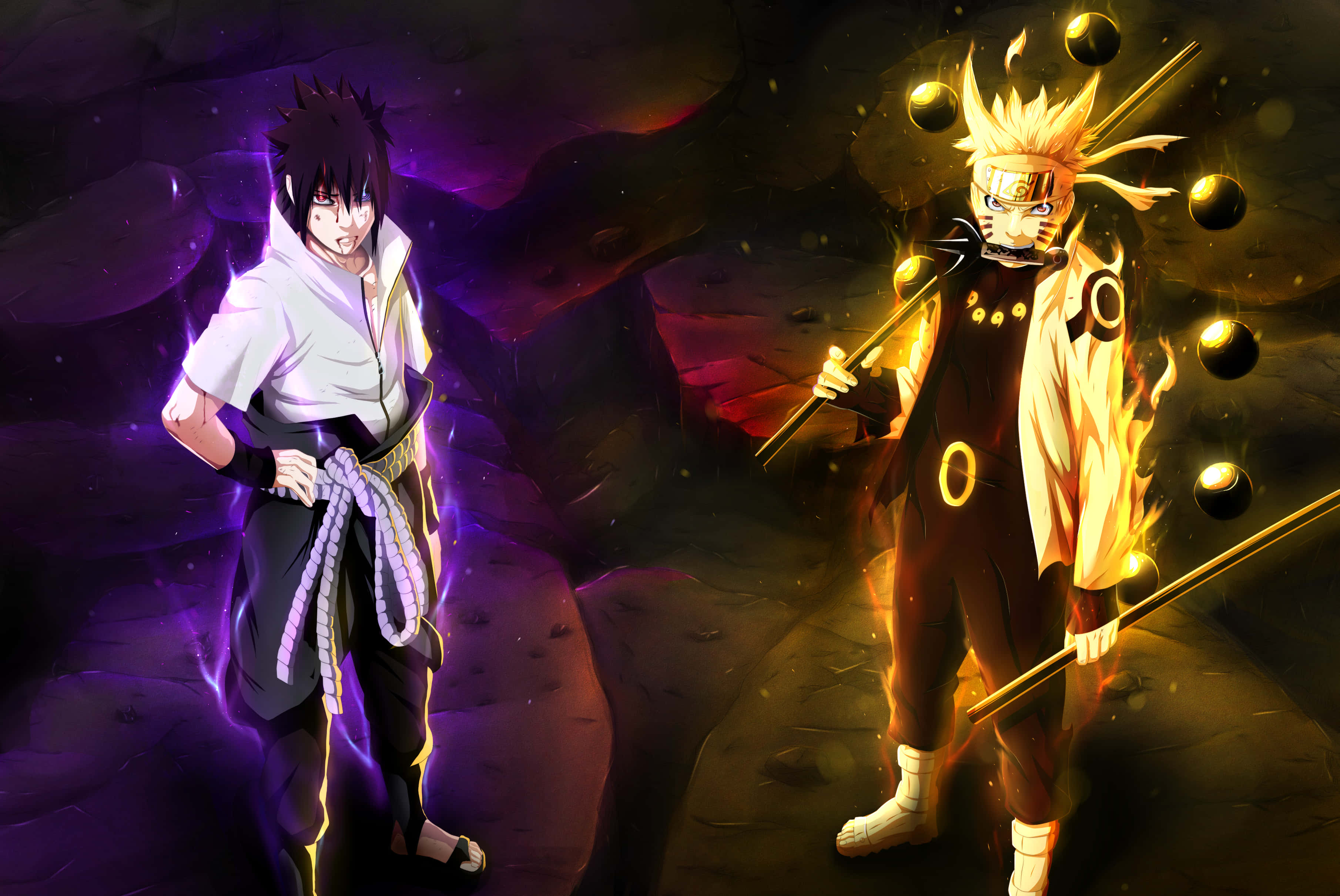 anime warriors, dark cave, glowing purple, 2K Desktop Wallpaper
