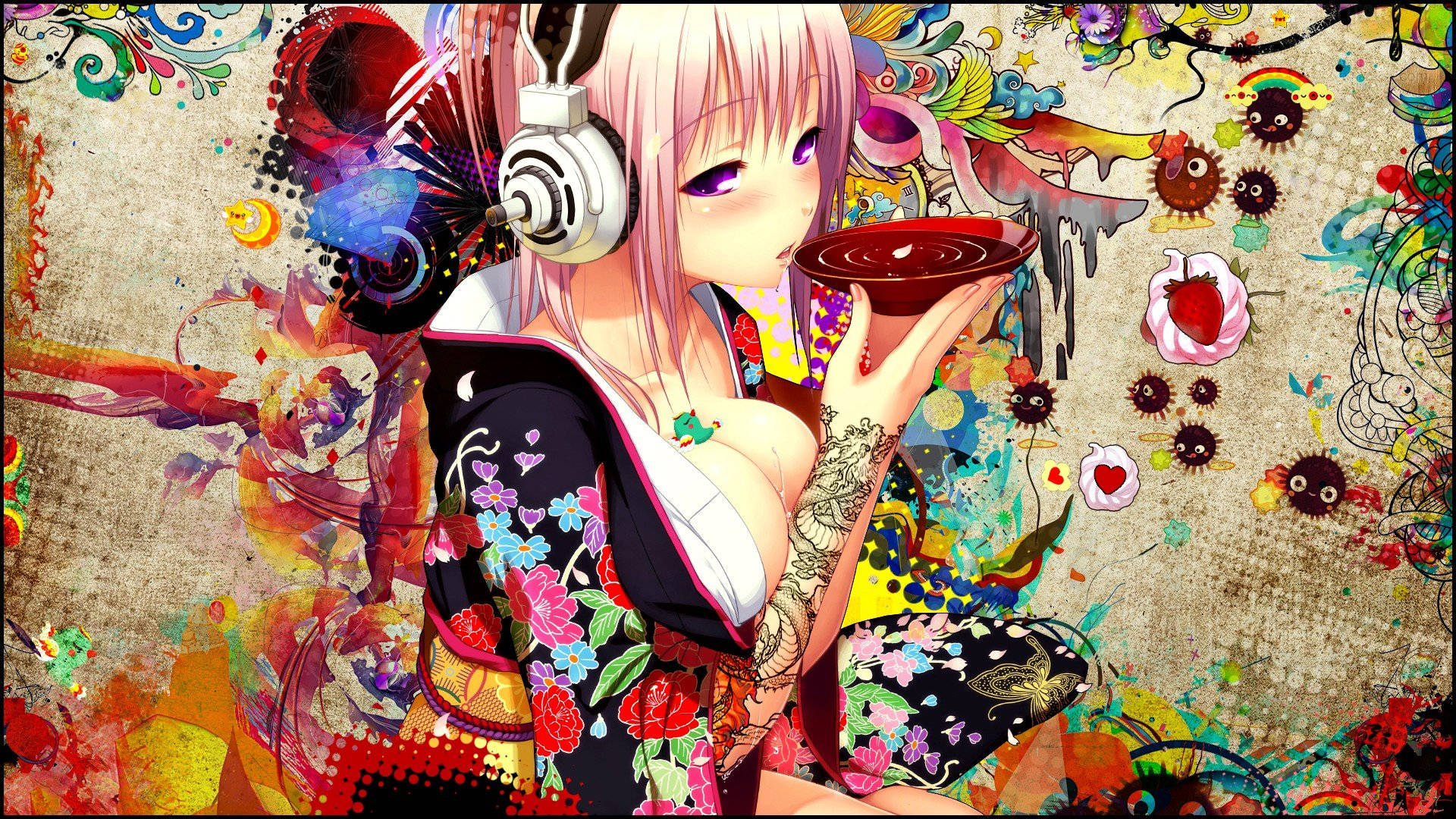 pink-haired anime girl, floral kimono, bowl, Full HD Desktop Wallpaper