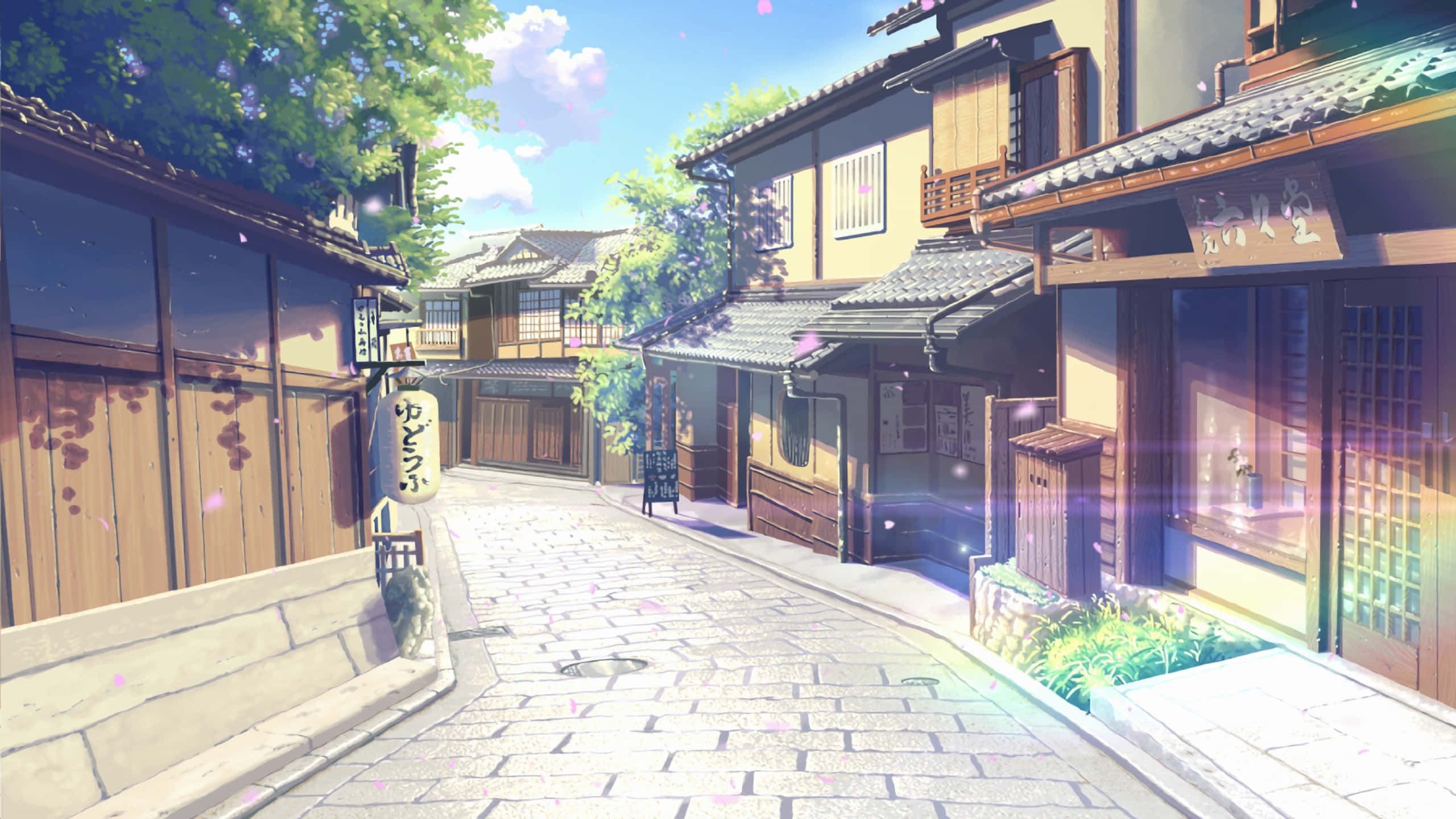 Japanese Aesthetic Houses Art, anime-style street, traditional wooden buildings, 2K Desktop Wallpaper