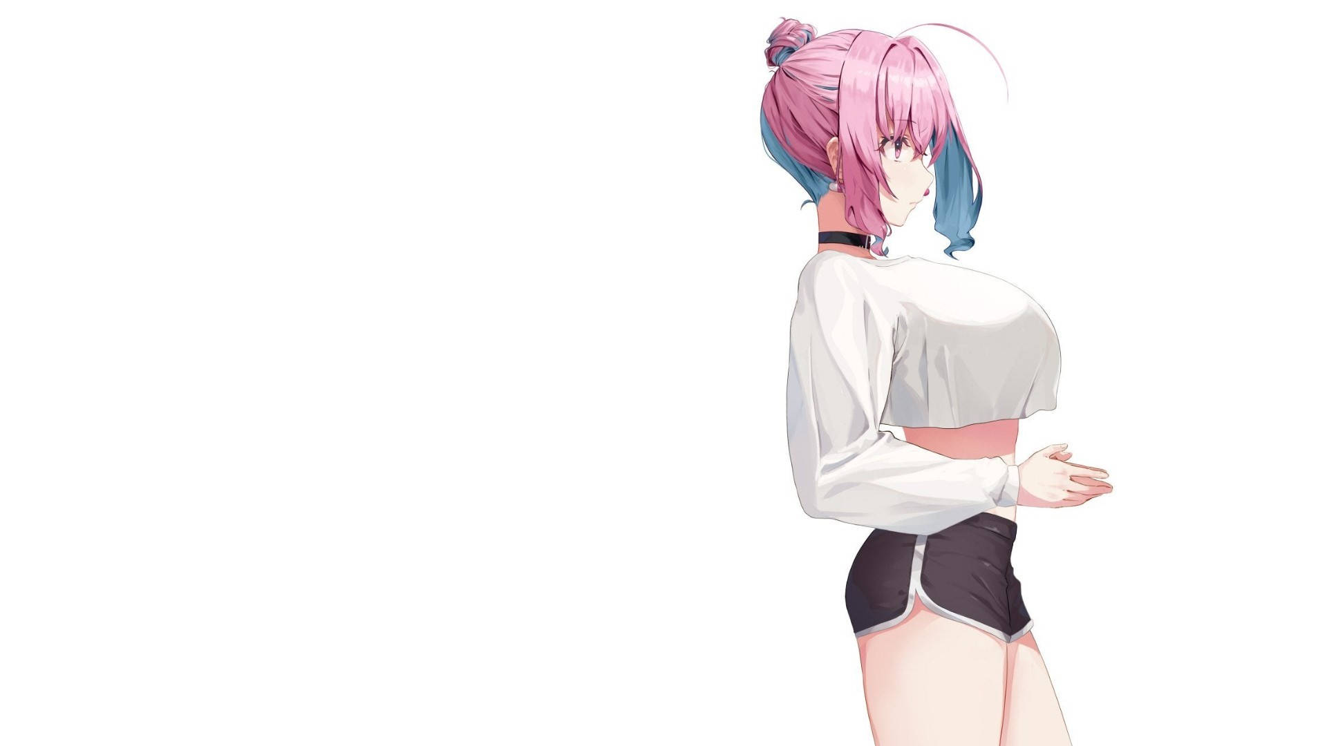 Anime girl, pink and blue hair, white crop top, Full HD Desktop Wallpaper