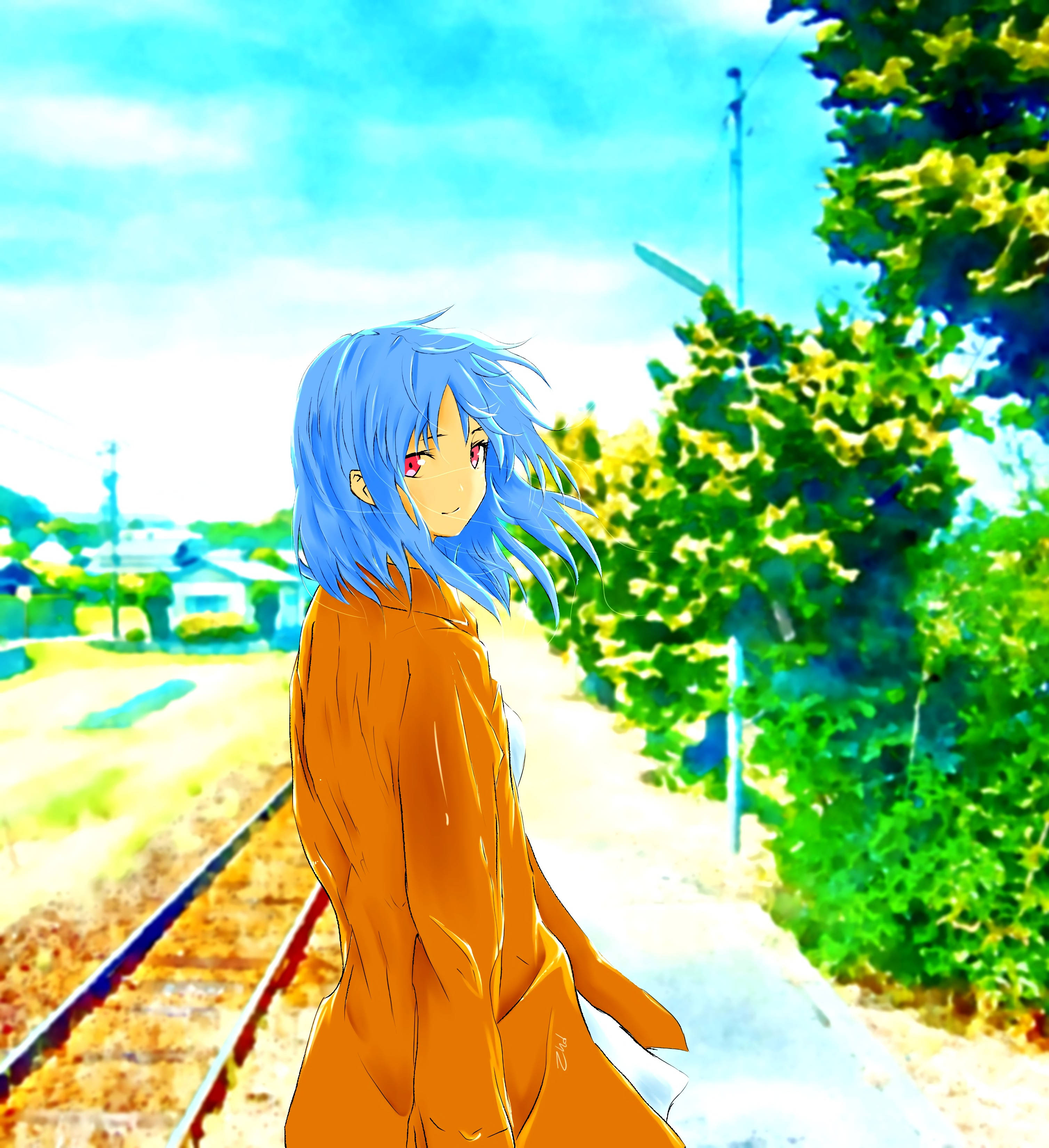anime girl, blue-haired, orange coat, 2K Phone Wallpaper