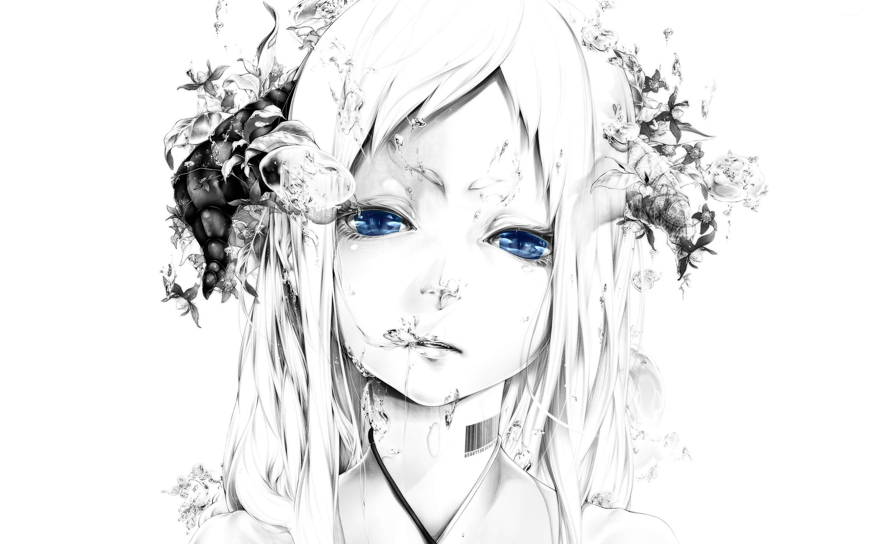 anime girl, piercing blue eyes, flowing white hair, 2K Desktop Wallpaper