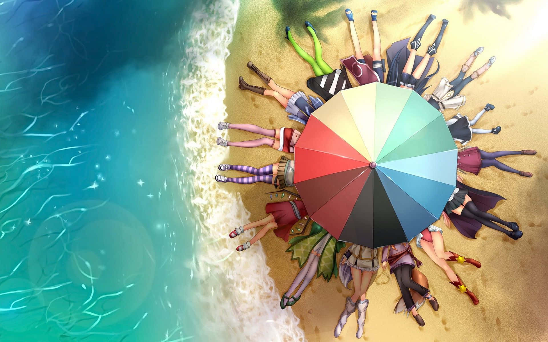 Anime Beach, rainbow umbrella, sandy beach, Full HD Desktop Wallpaper