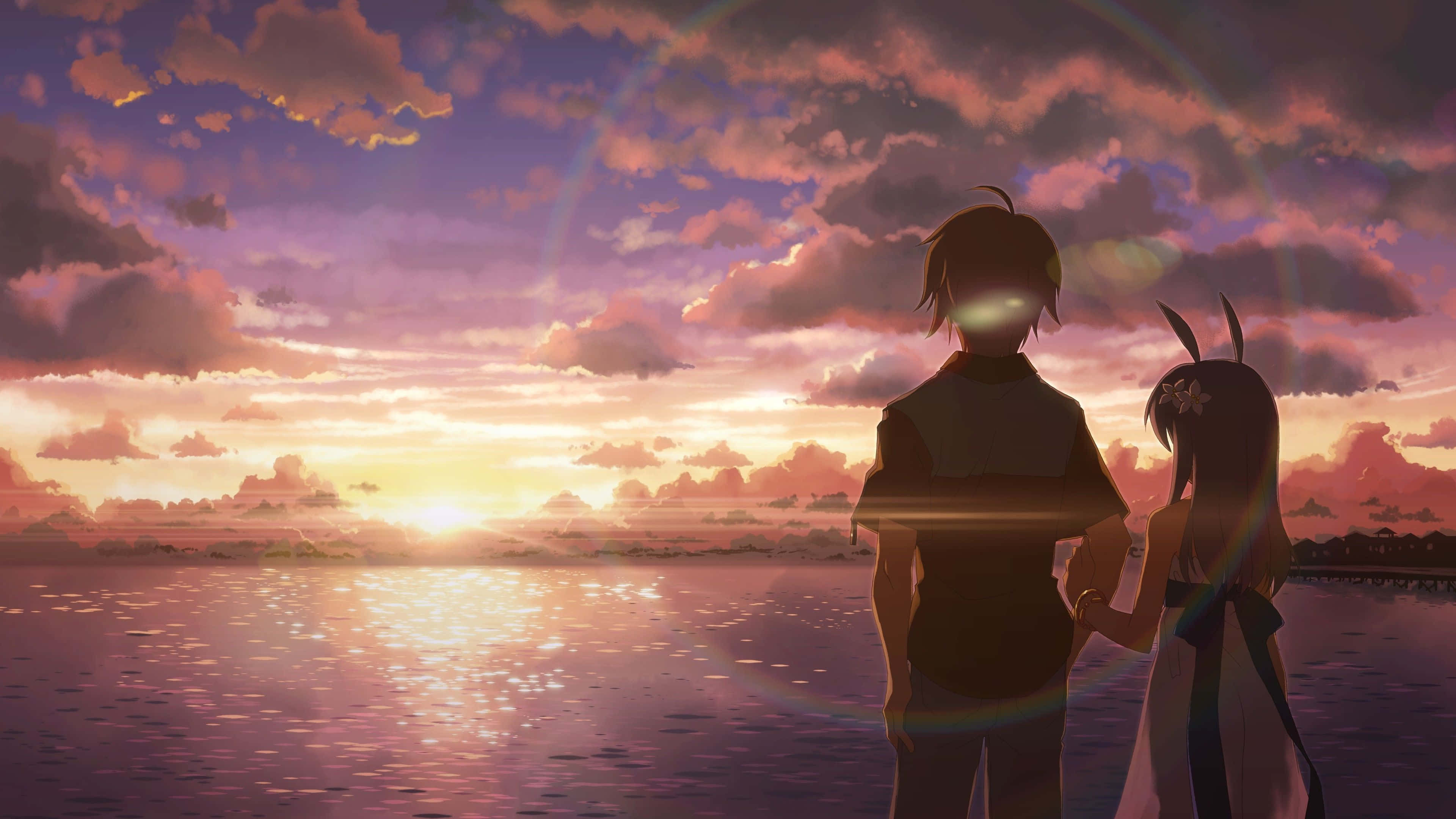 Anime Beach, sunset, calm ocean, 4K Desktop Wallpaper