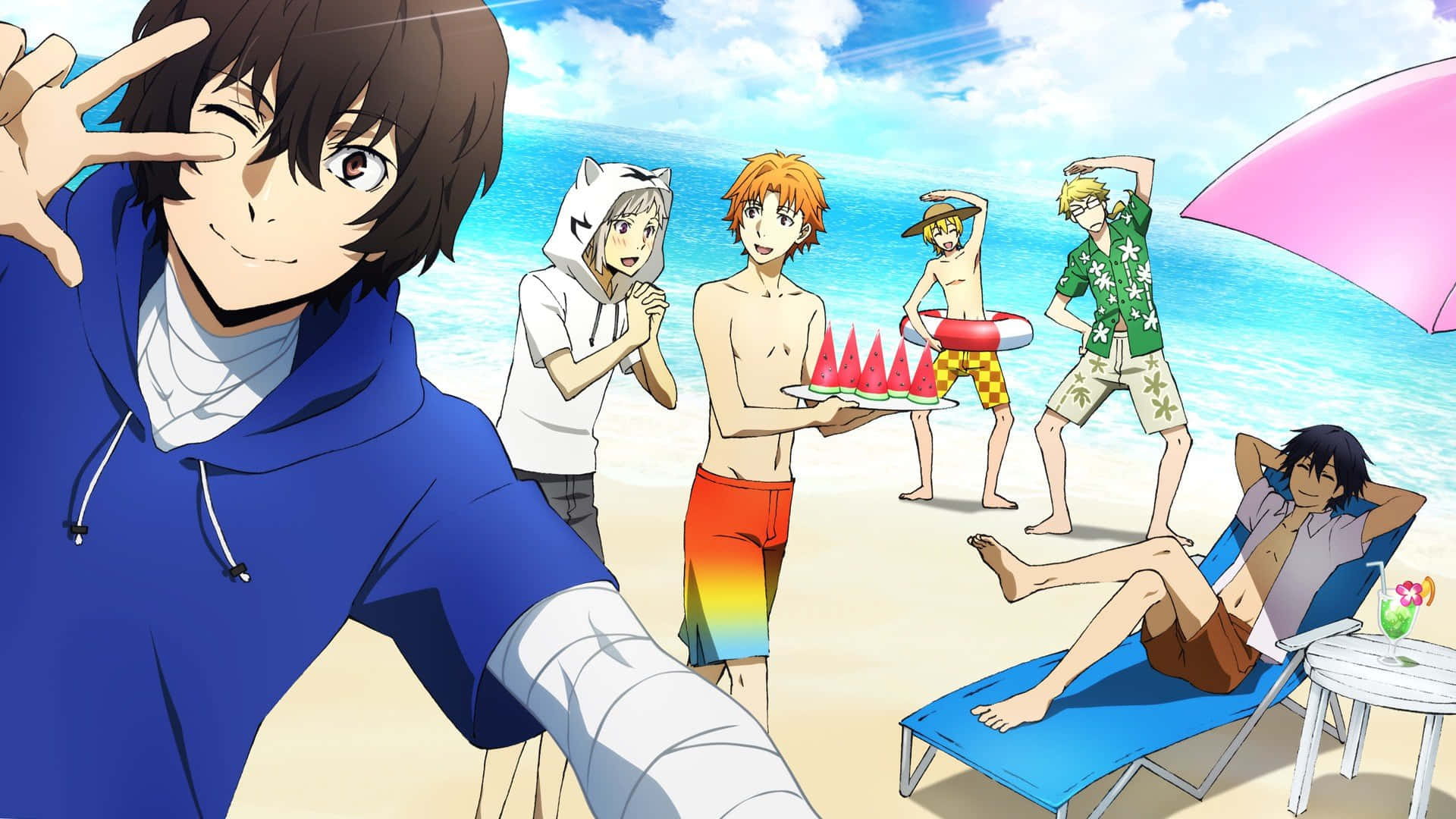 Anime boys, sunny beach, watermelon slices, Full HD Desktop Wallpaper