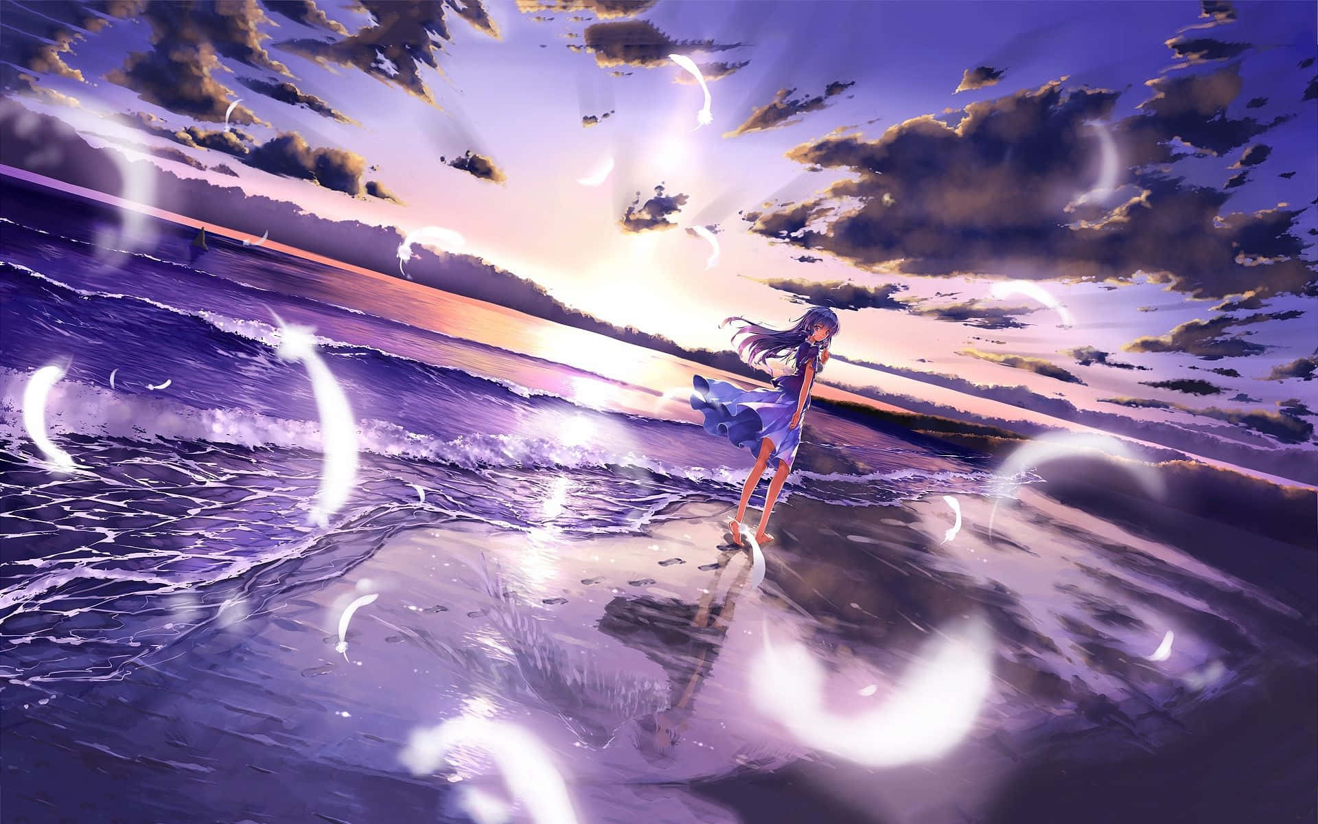 anime beach, girl, beach, Full HD Desktop Wallpaper