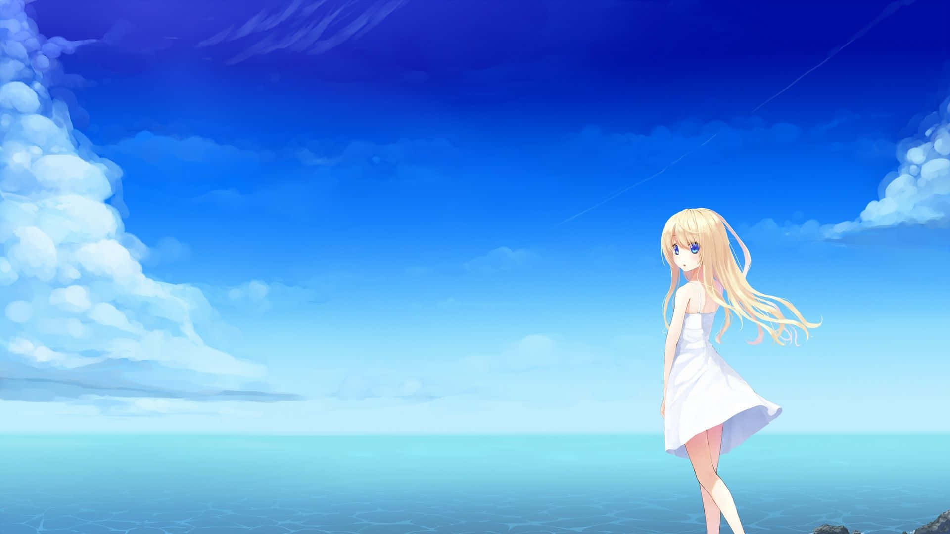 Anime Beach, blonde anime girl, white dress, Full HD Desktop Wallpaper