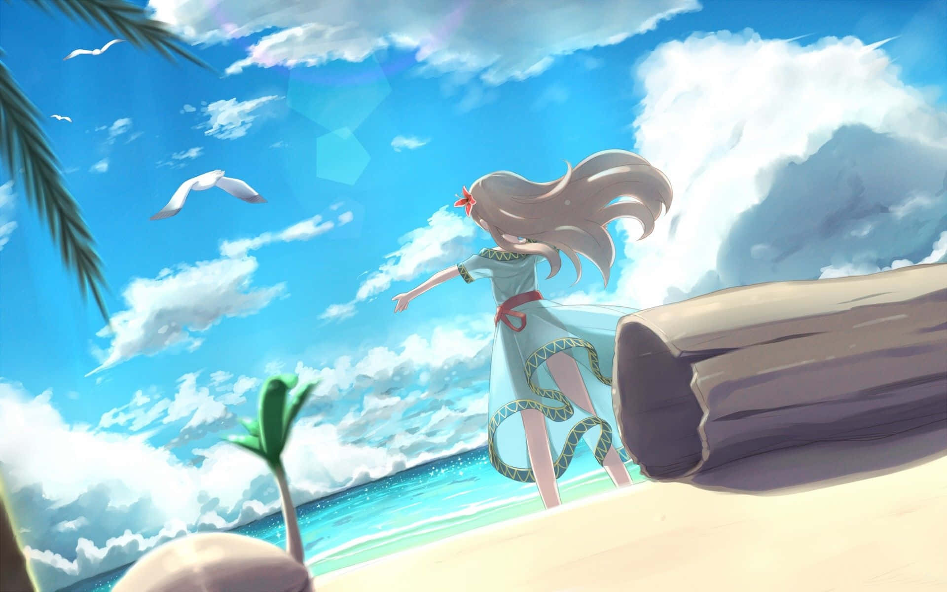 anime beach, blonde anime girl, flowing blue dress, Full HD Desktop Wallpaper