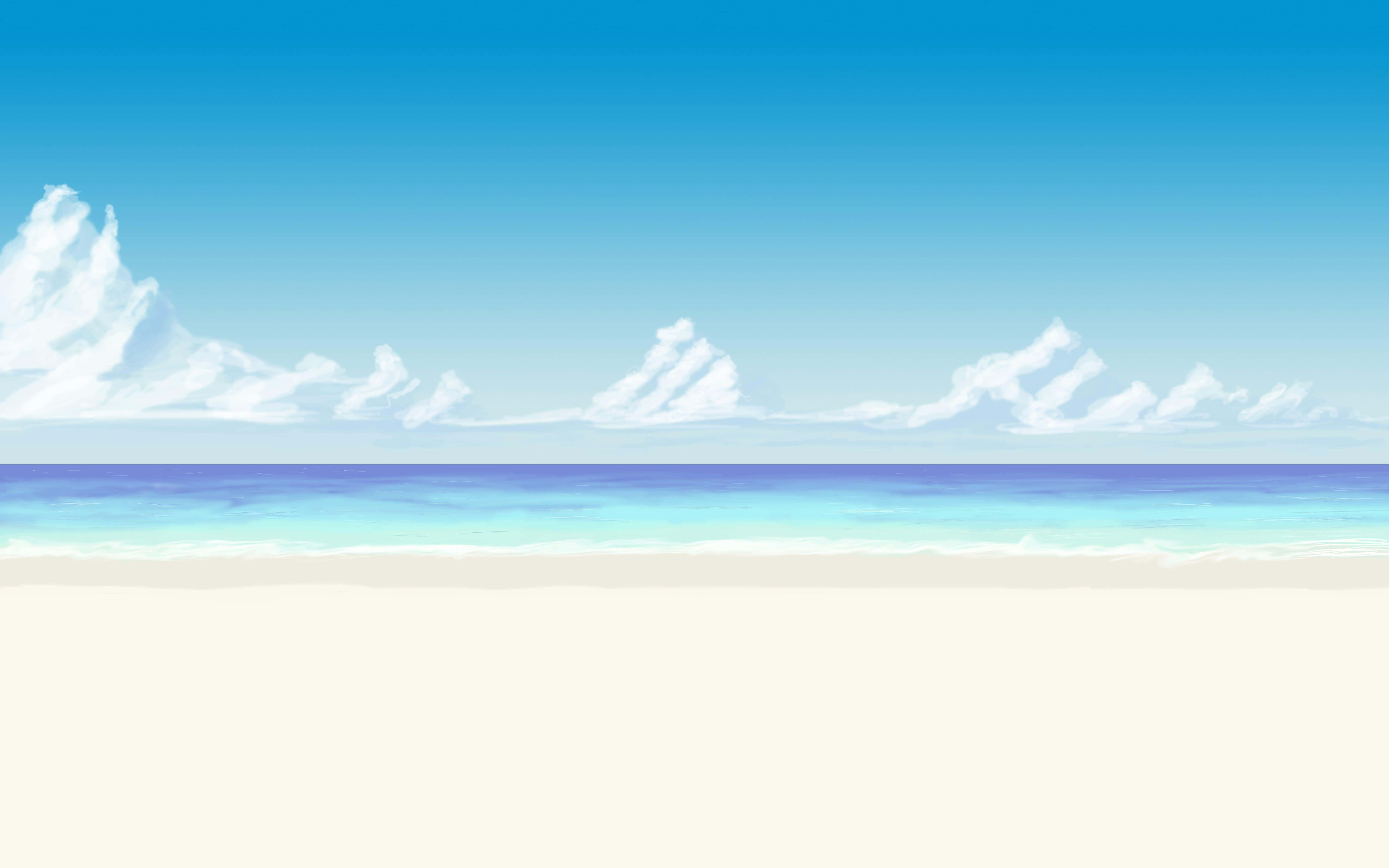 Anime Calm Beach, turquoise ocean, pale sand shore, 5K Desktop Wallpaper