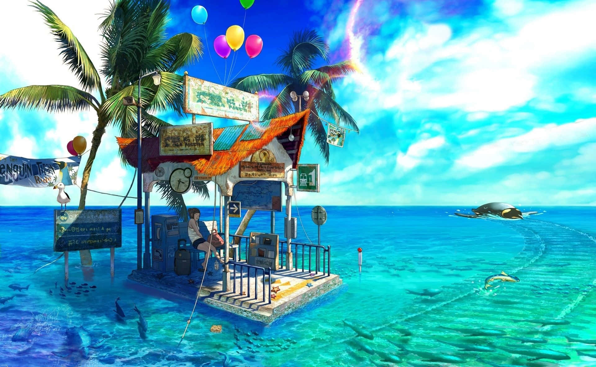 Anime Beach, tropical island, gas station, Full HD Desktop Wallpaper