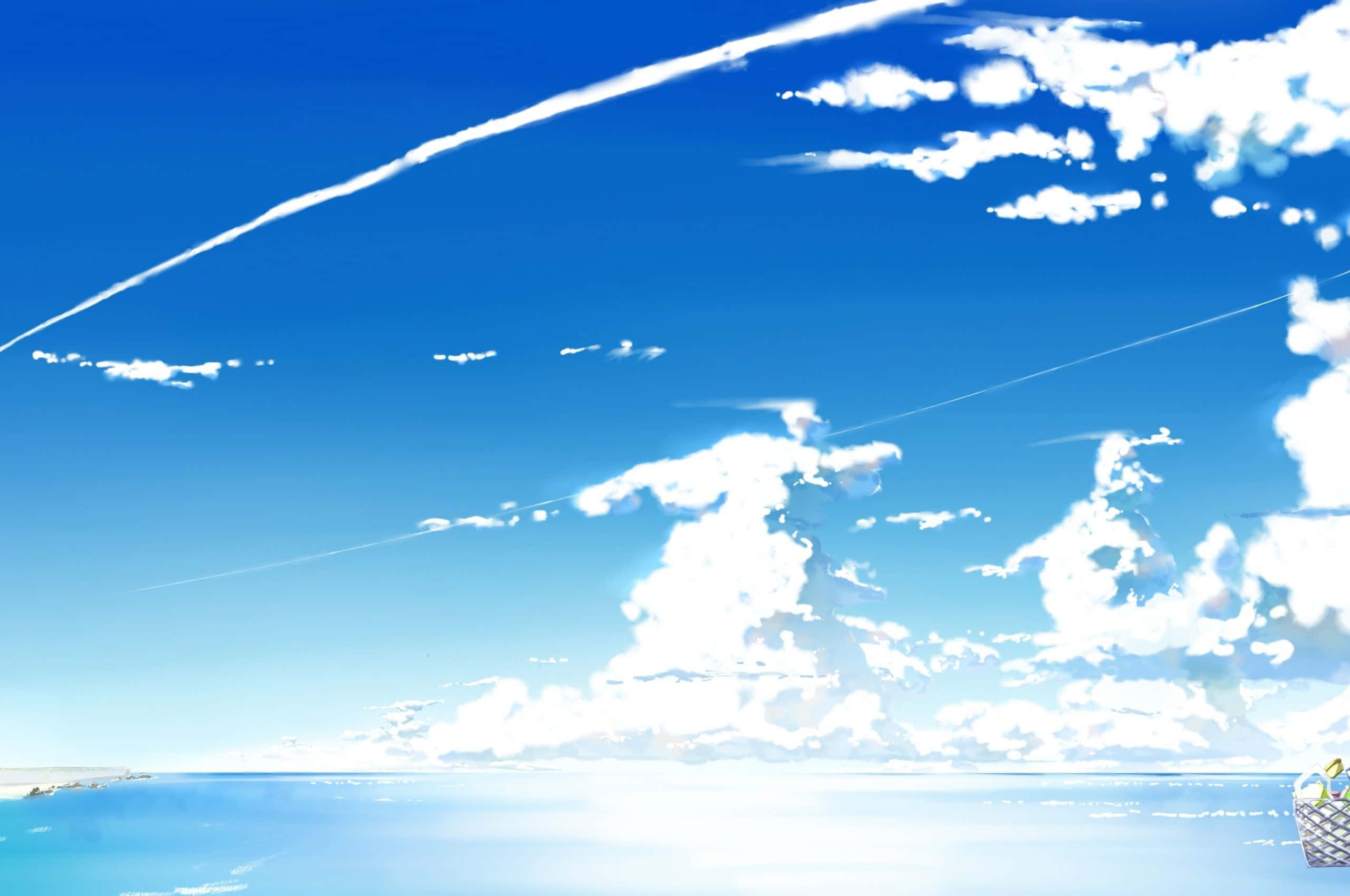 Anime Beach, vast blue sky, fluffy white clouds, 2K Desktop Wallpaper