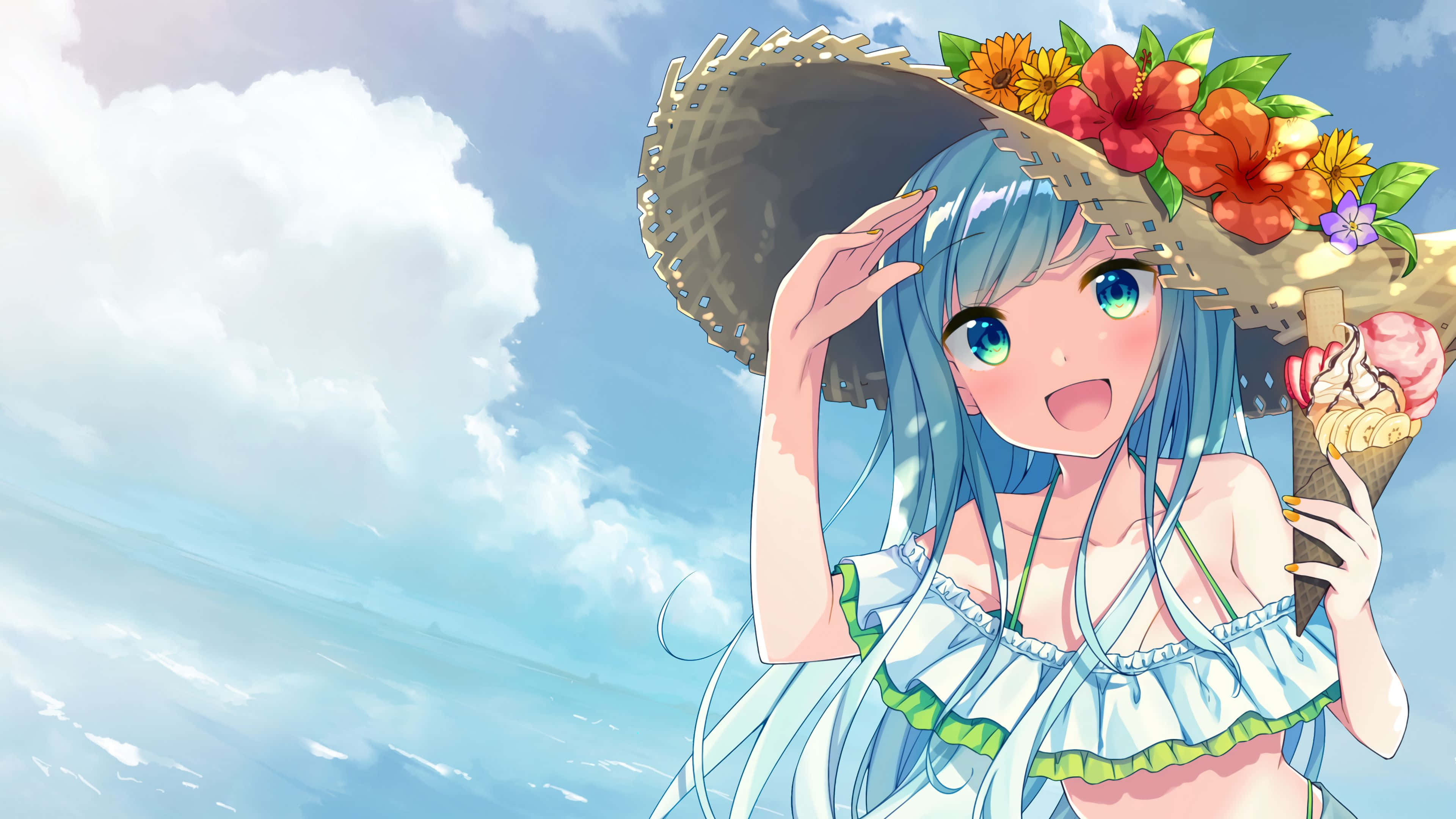 anime beach, blue hair, floral hat, 4K Desktop Wallpaper