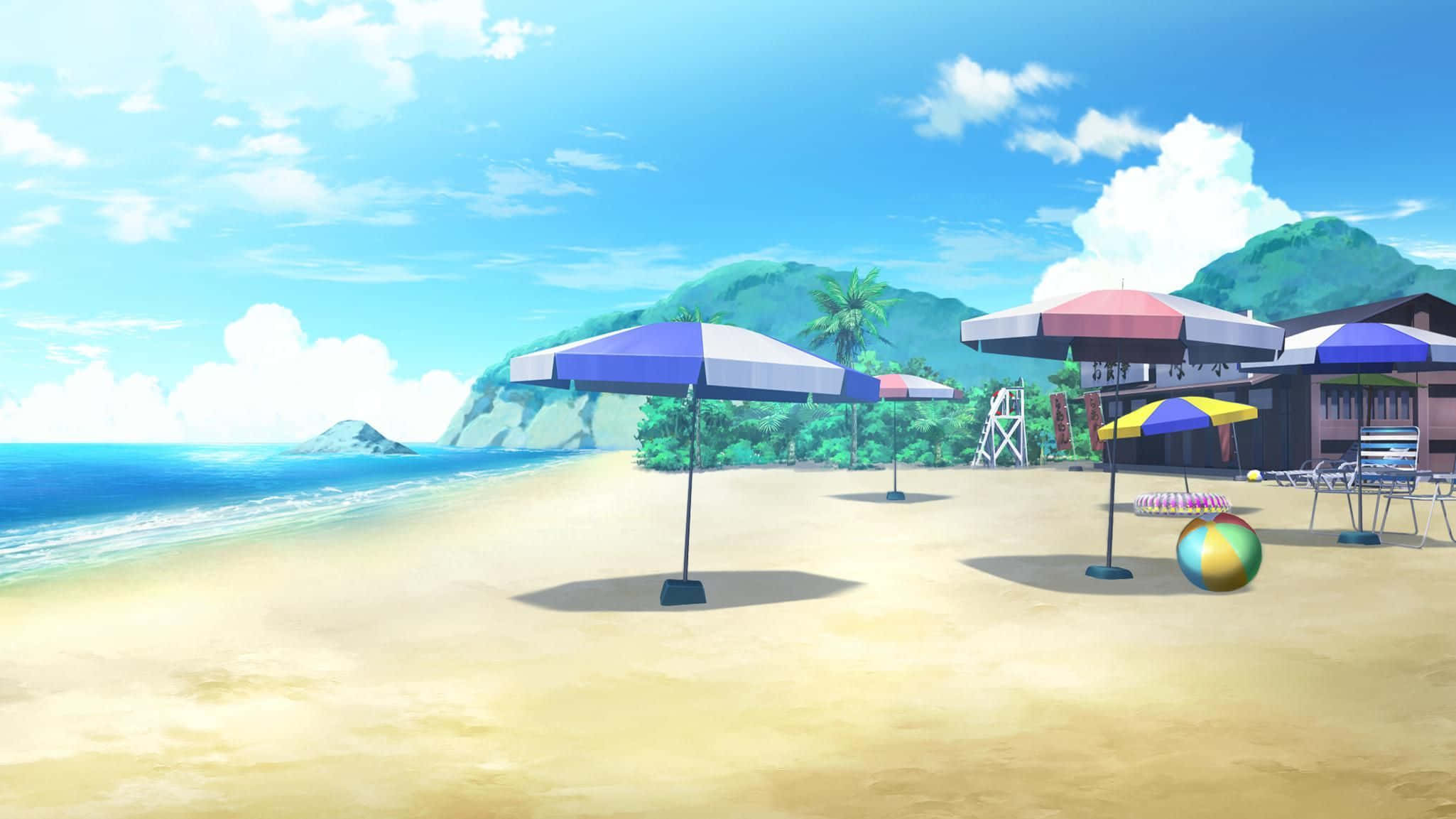 Anime Beach, mountains, colorful umbrellas, Full HD Desktop Wallpaper