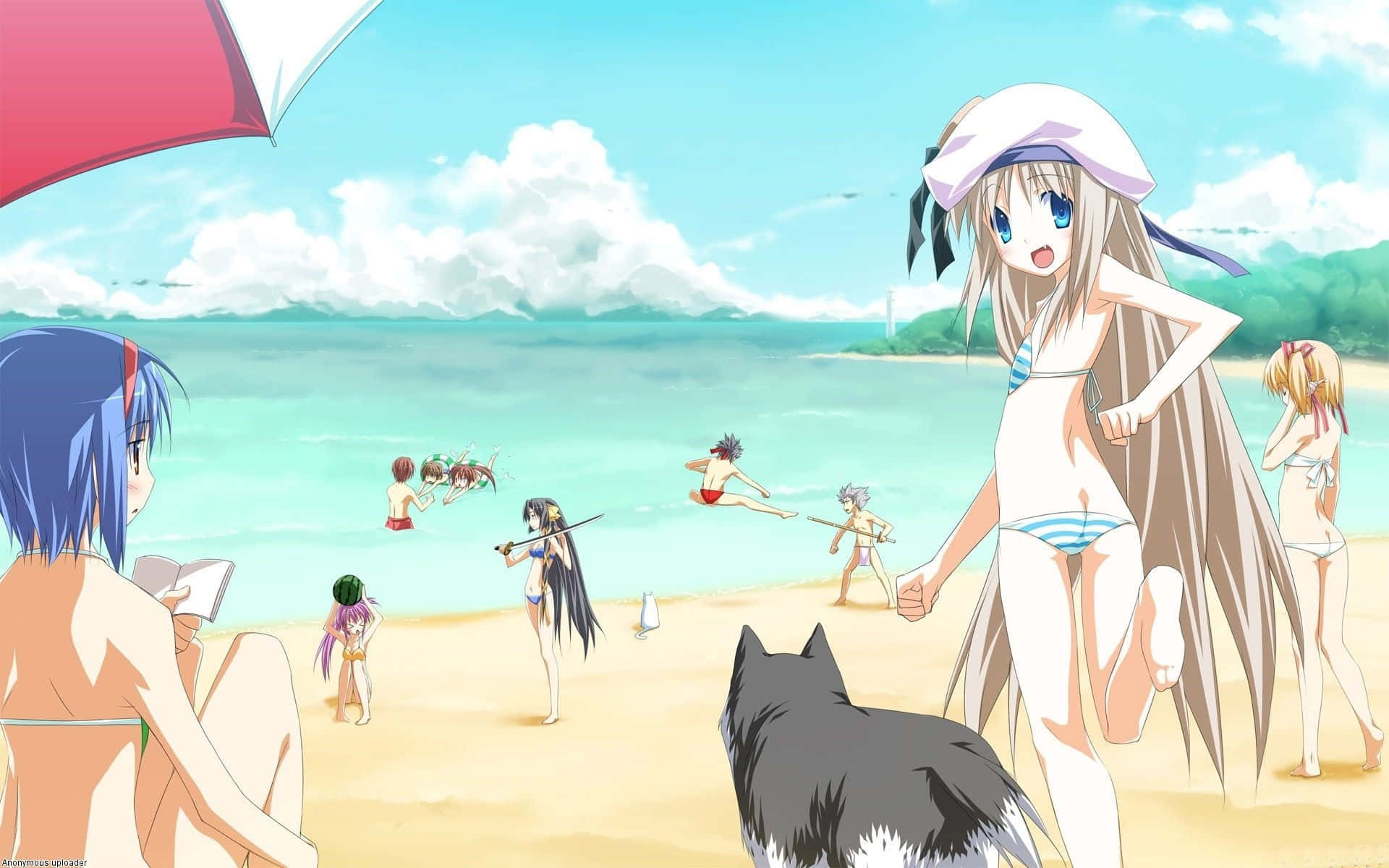 Anime Beach, turquoise water, fluffy clouds, Full HD Desktop Wallpaper