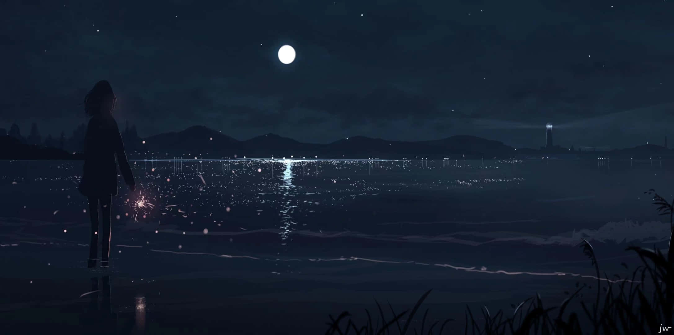 Anime Beach, moonlit beach, sparklers, Full HD Desktop Wallpaper