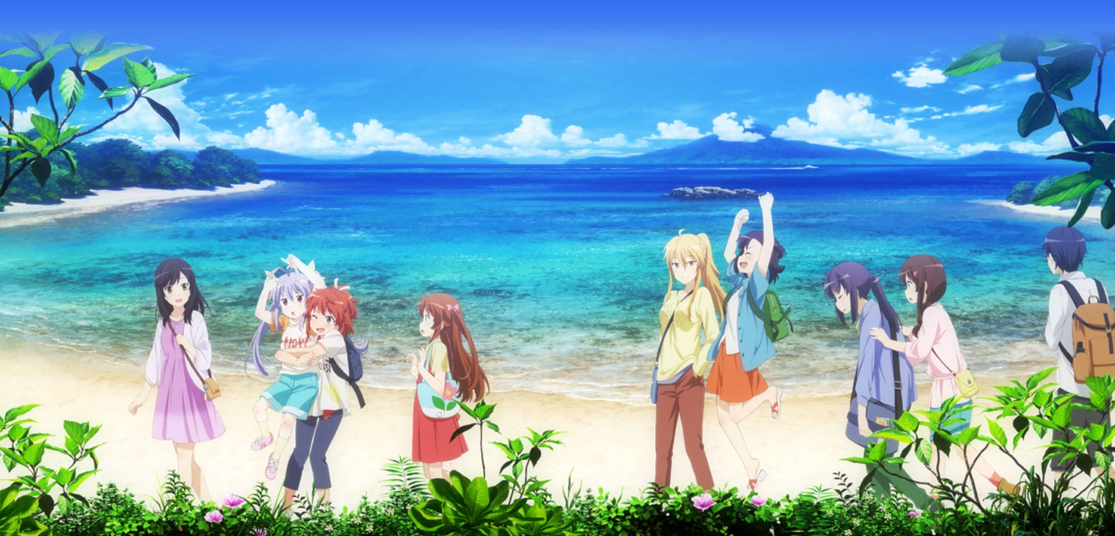 Anime Group Beach Vacation, tropical beach, turquoise waters, Full HD Desktop Wallpaper