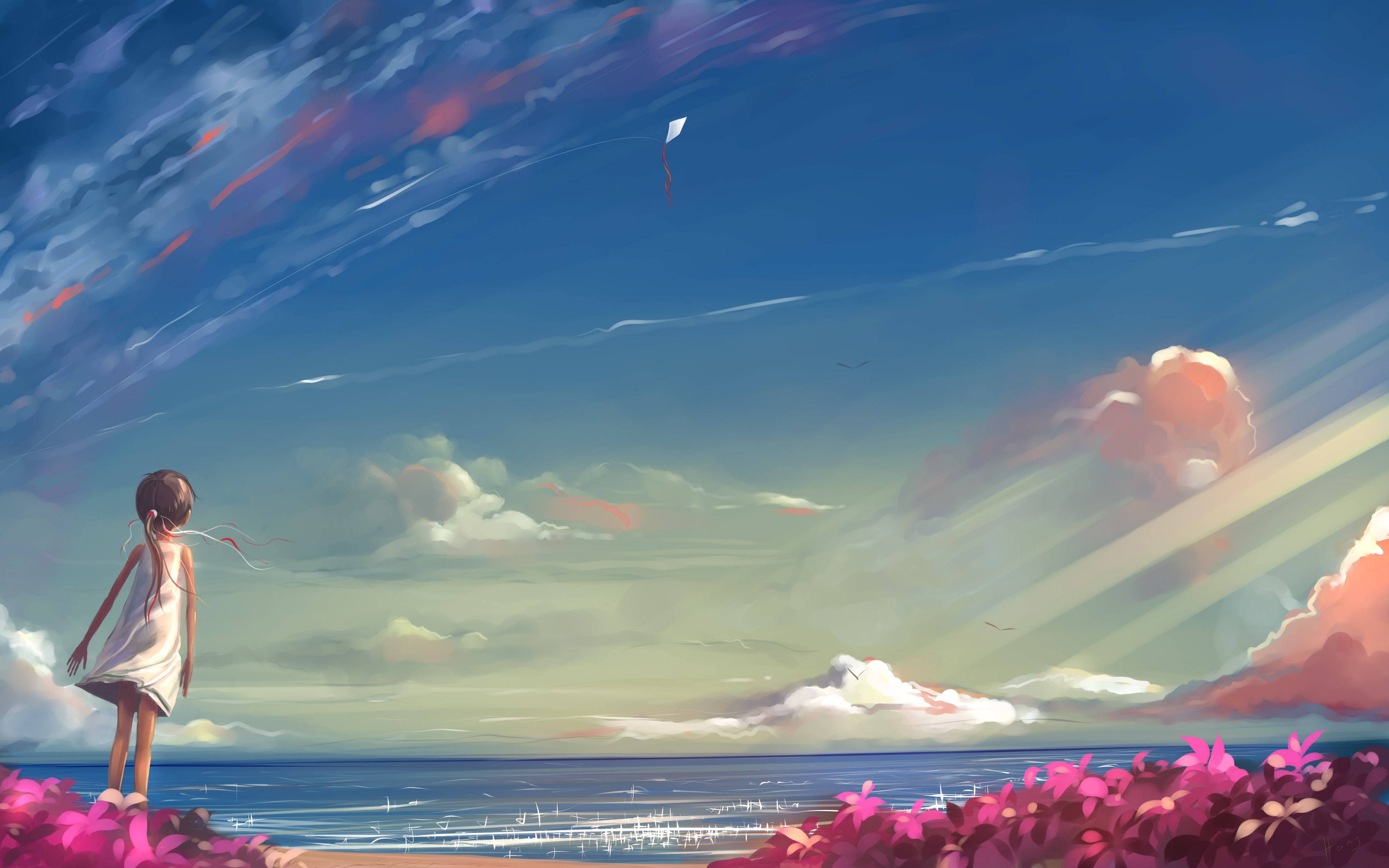 Dreamy Ocean View Anime 4K, lone girl, white dress, 4K Desktop Wallpaper