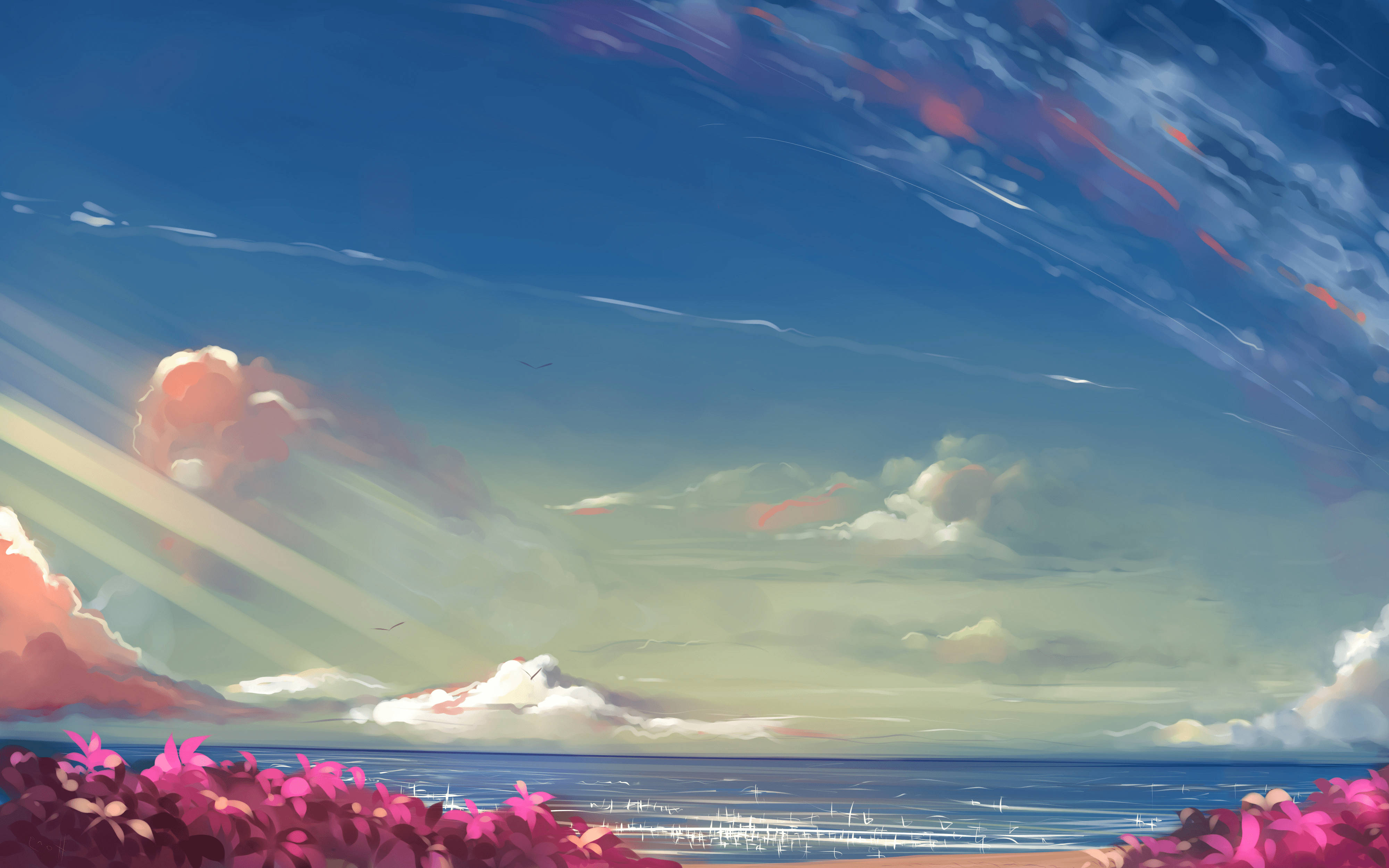 beach anime landscape, vibrant pink flowers, serene ocean, 4K Desktop Wallpaper