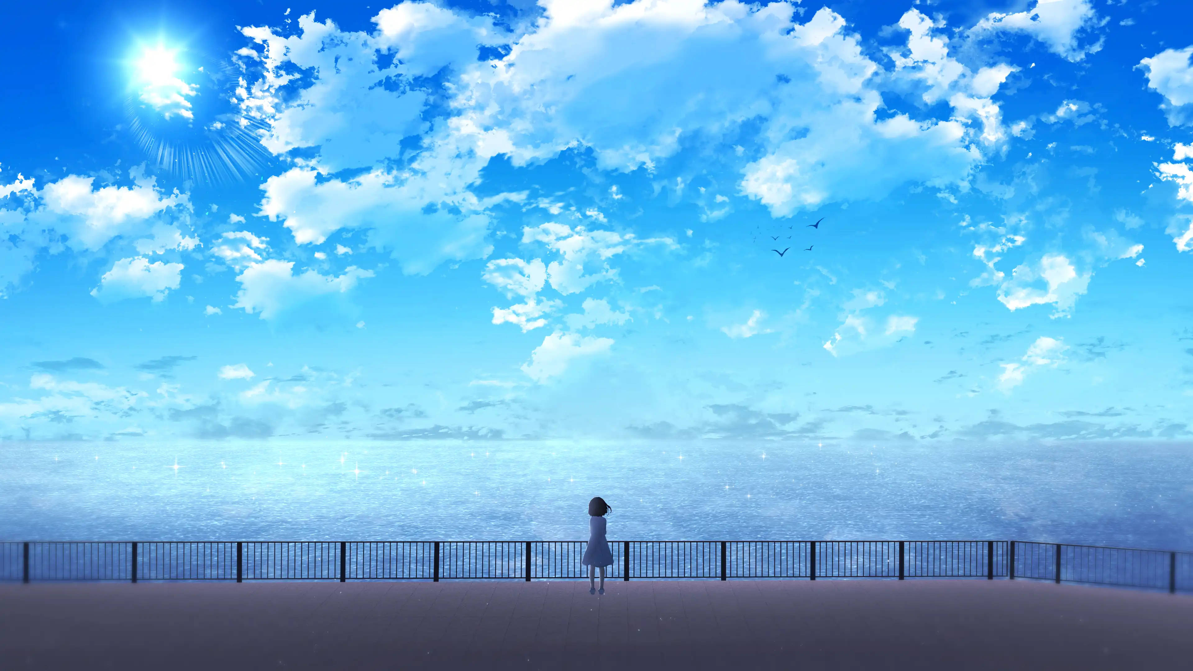 girl, white dress, seaside pier, 4K Desktop Wallpaper
