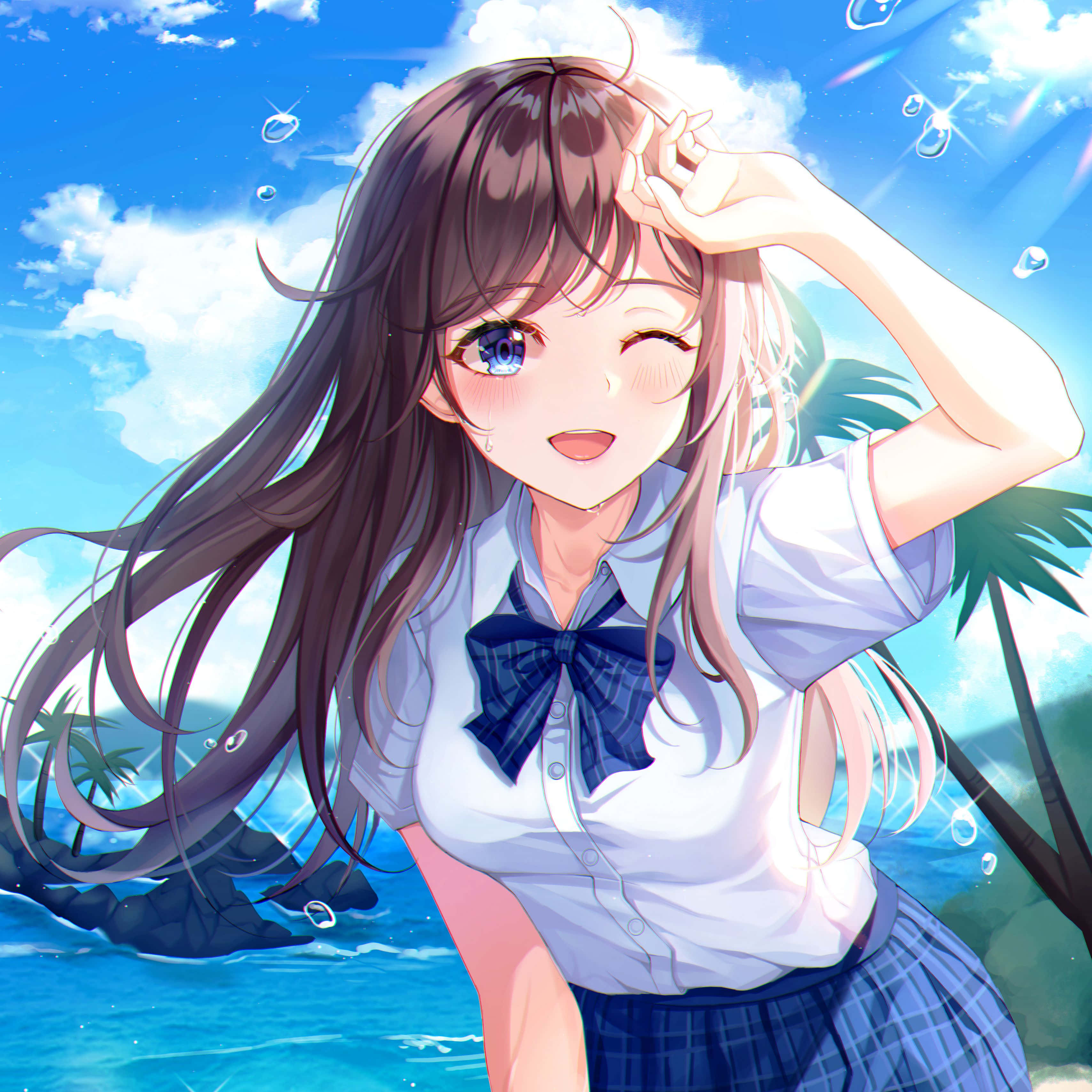anime girl, school uniform, ocean, 2K Desktop Wallpaper