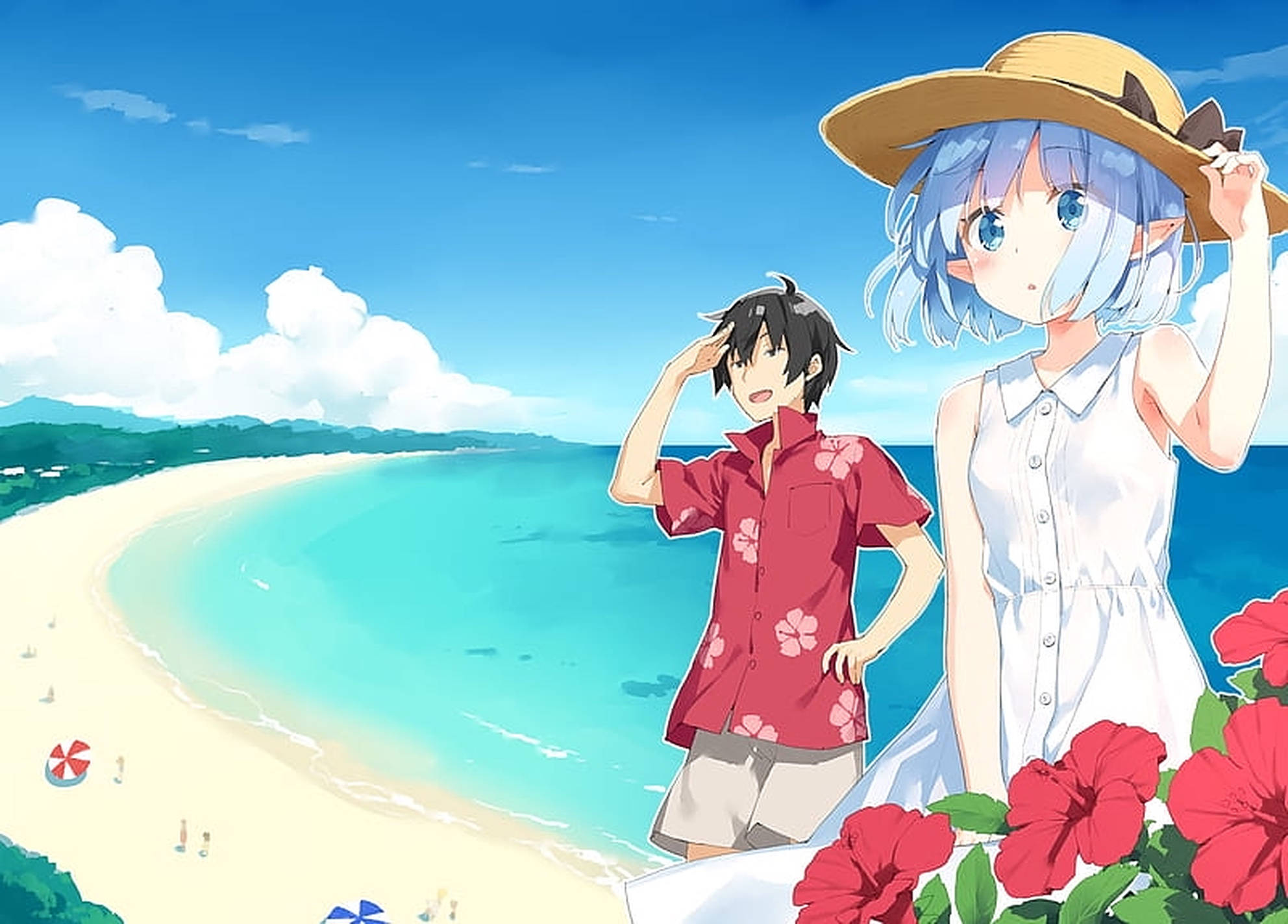 anime couple, beach, turquoise water, Full HD Desktop Wallpaper
